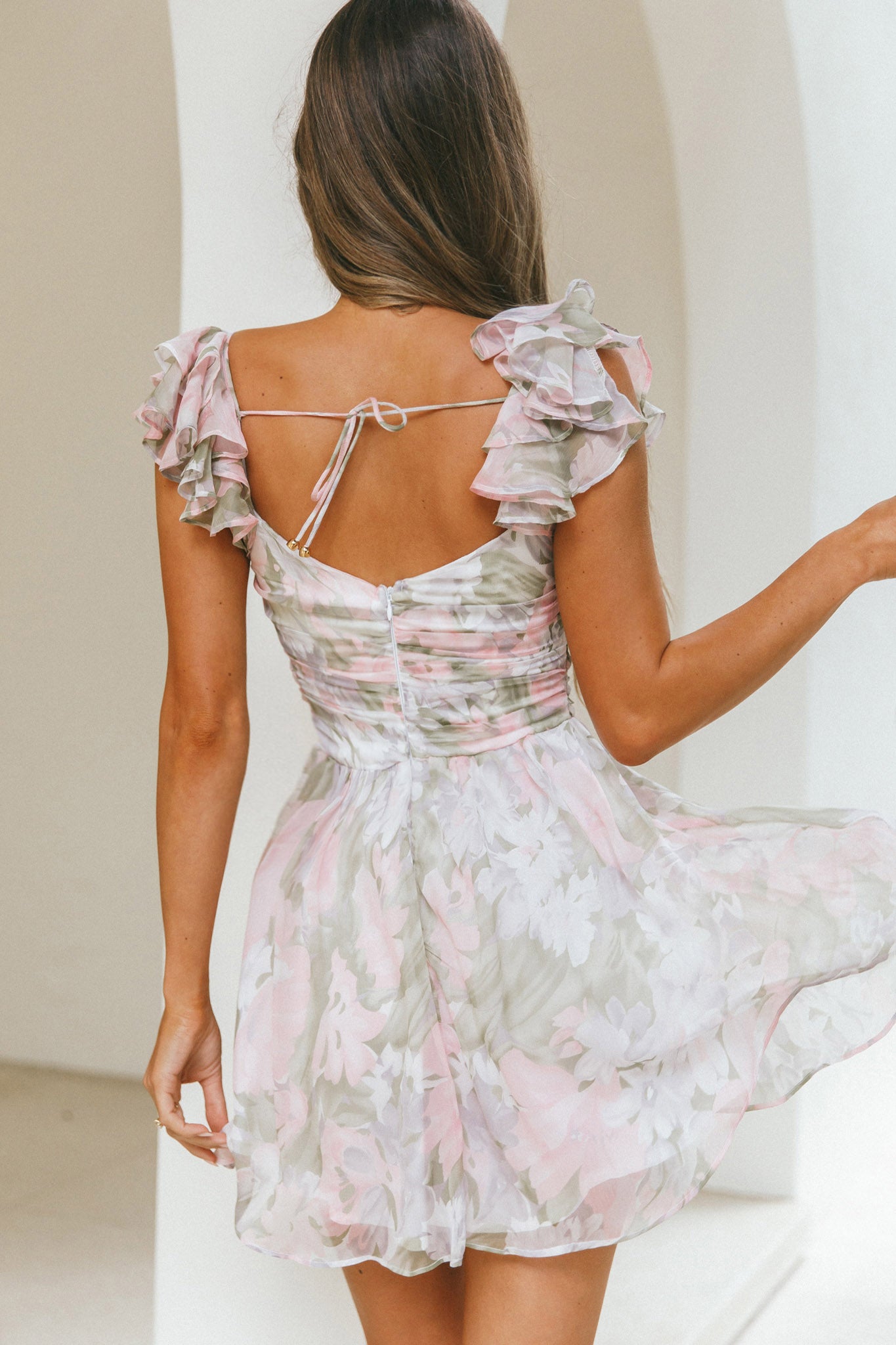 Lola Ruffle Shoulder Ruched Dress Watercolor Floral Pink Multi-Maymioy
