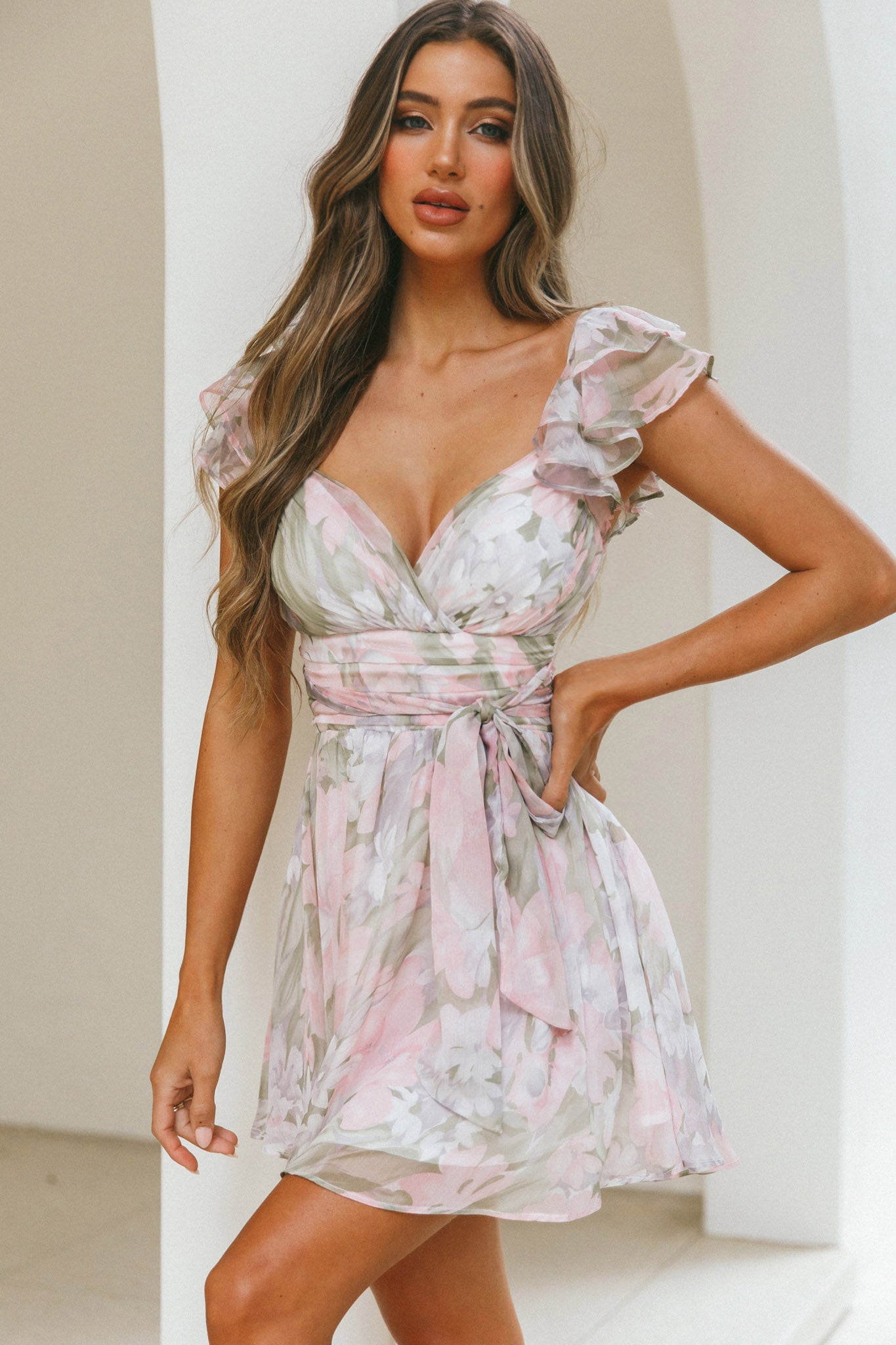 Lola Ruffle Shoulder Ruched Dress Watercolor Floral Pink Multi-Maymioy