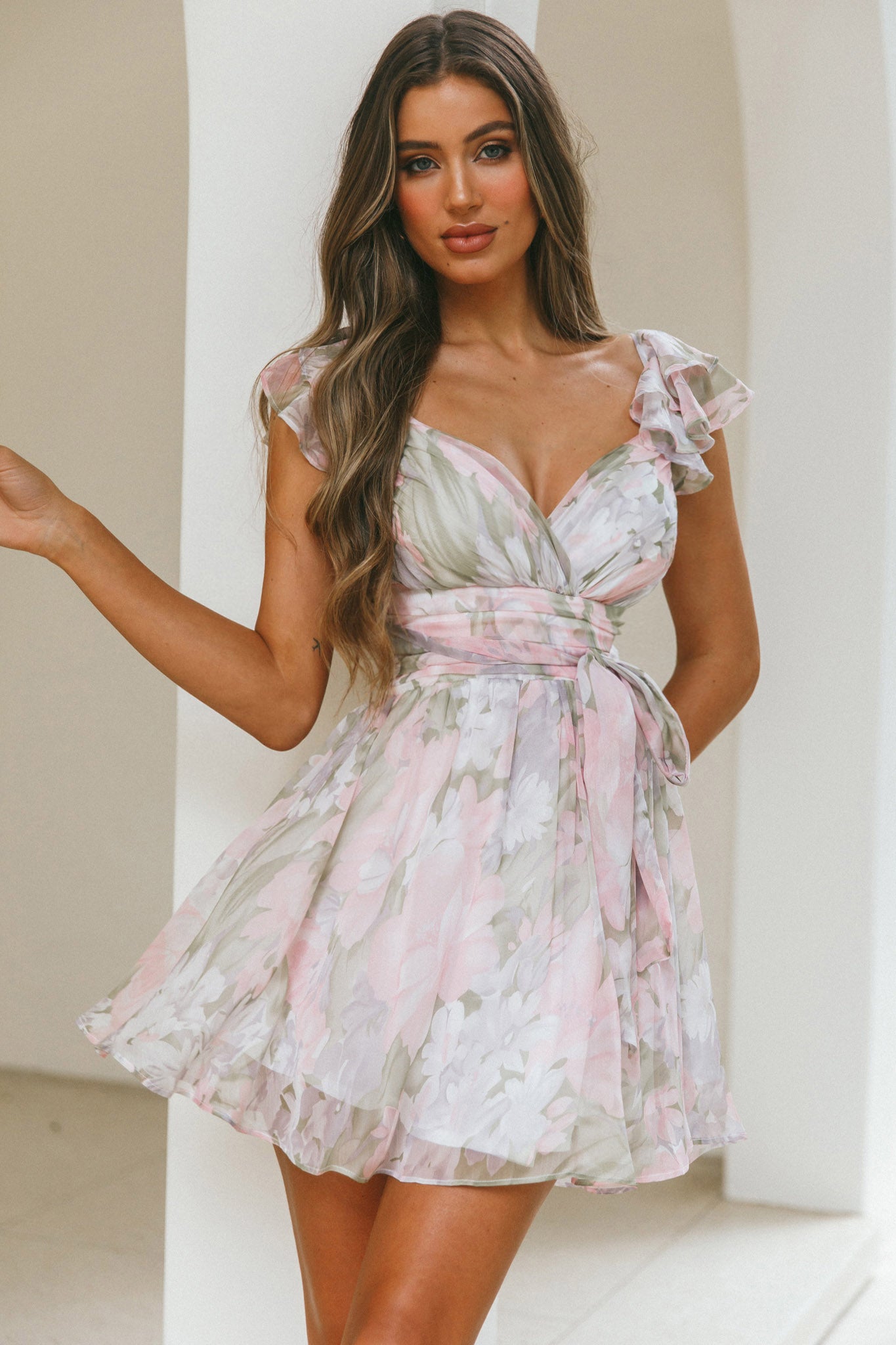 Lola Ruffle Shoulder Ruched Dress Watercolor Floral Pink Multi-Maymioy