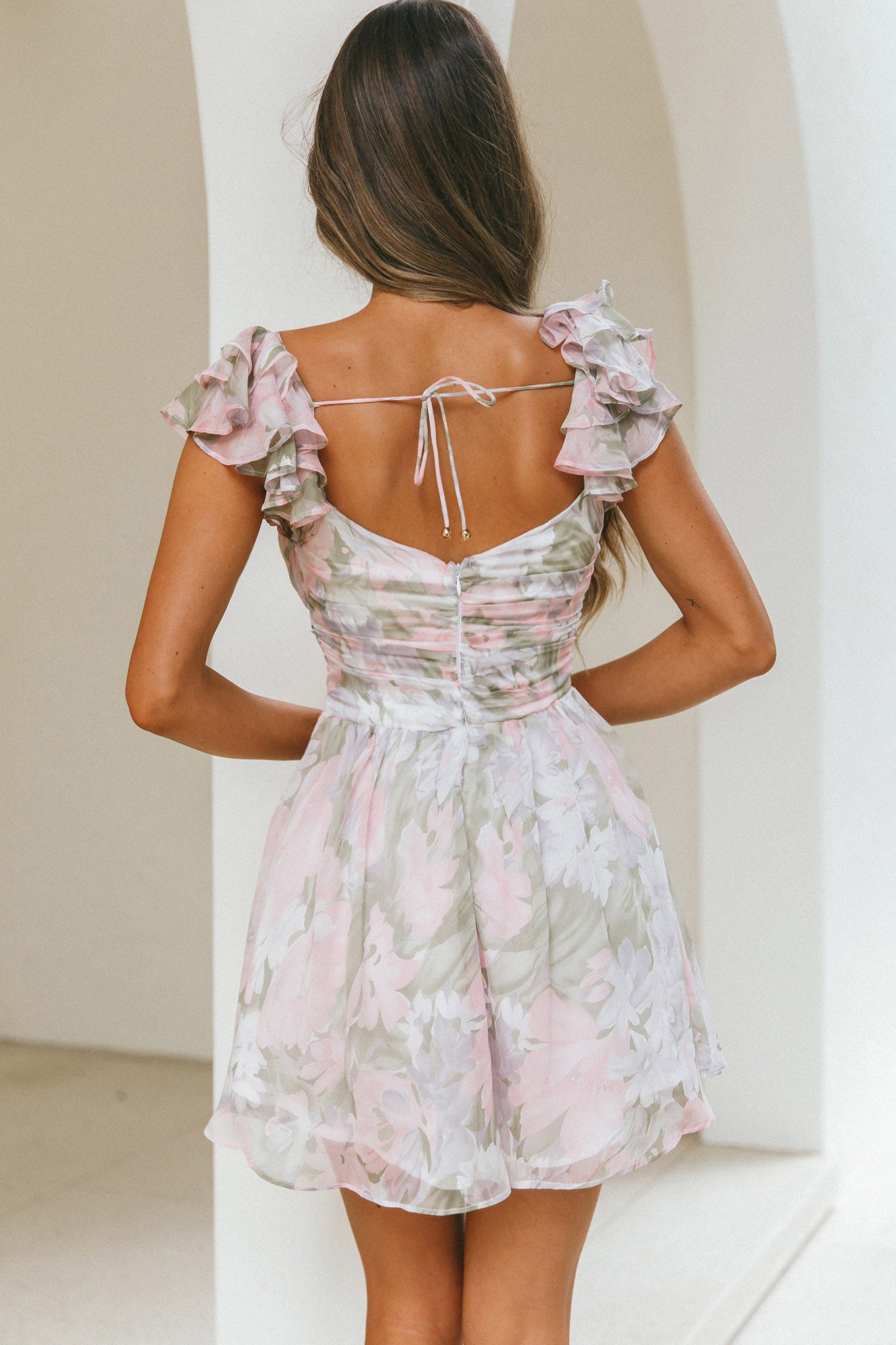 Lola Ruffle Shoulder Ruched Dress Watercolor Floral Pink Multi-Maymioy