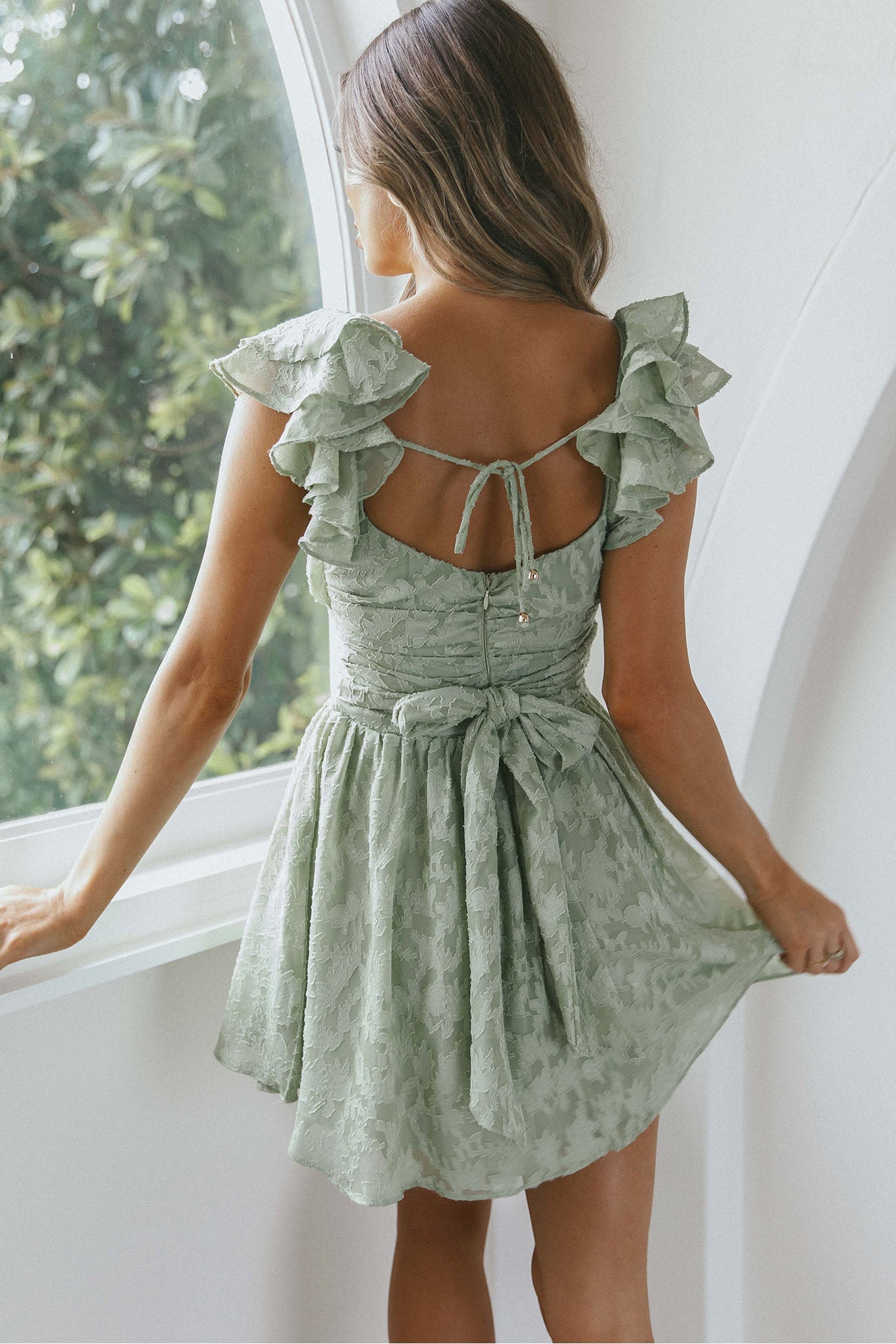 Lola Ruffle Shoulder Ruched Dress Textured Avocado-Maymioy