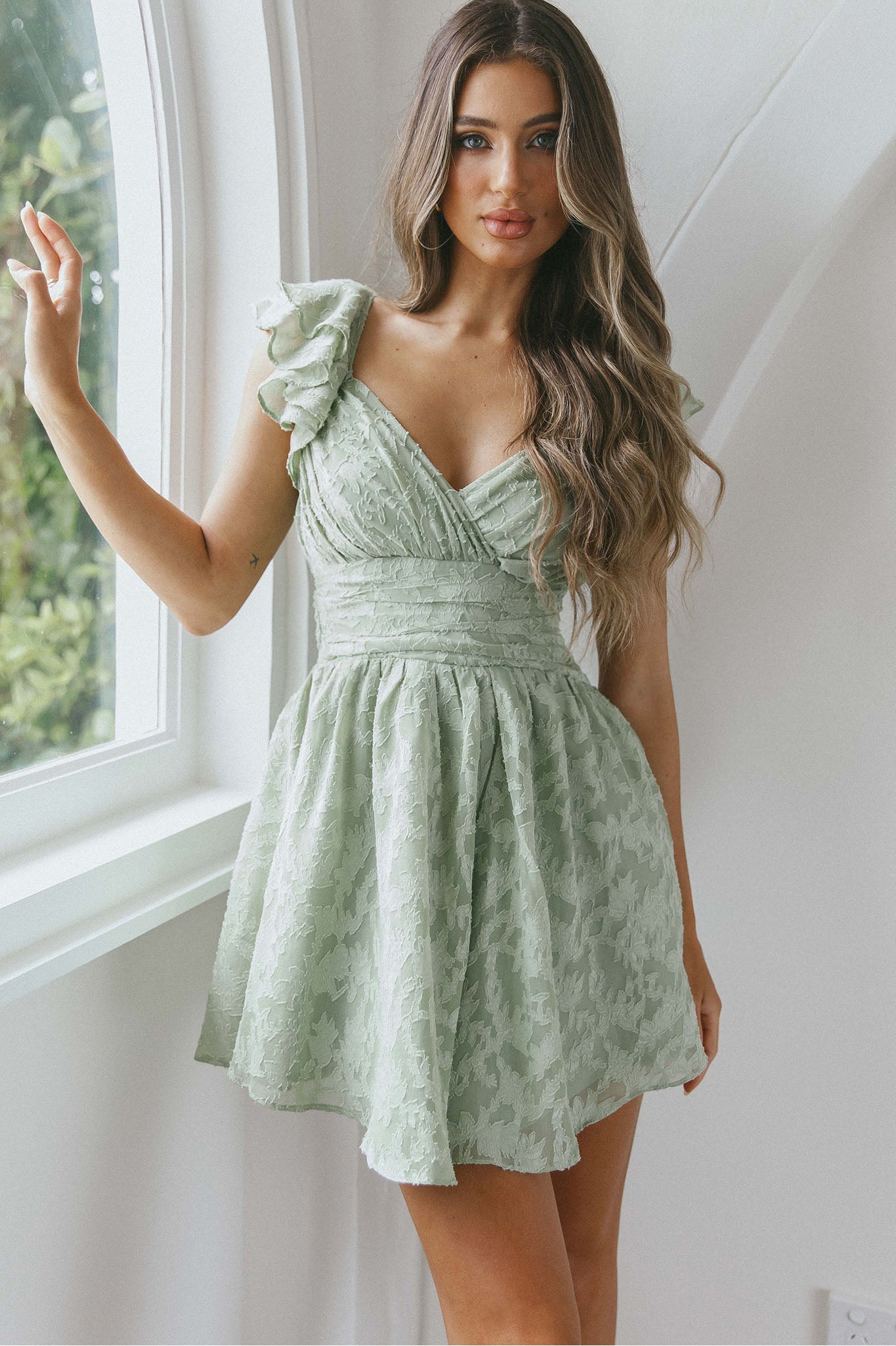 Lola Ruffle Shoulder Ruched Dress Textured Avocado-Maymioy