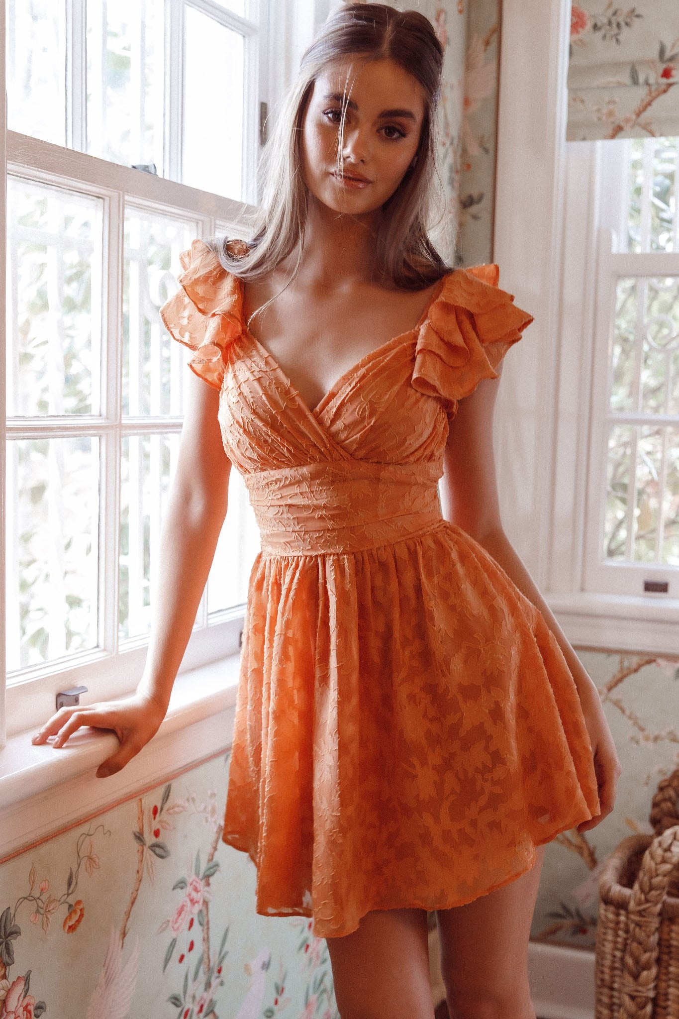 Lola Ruffle Shoulder Ruched Dress Textured Orange-Maymioy