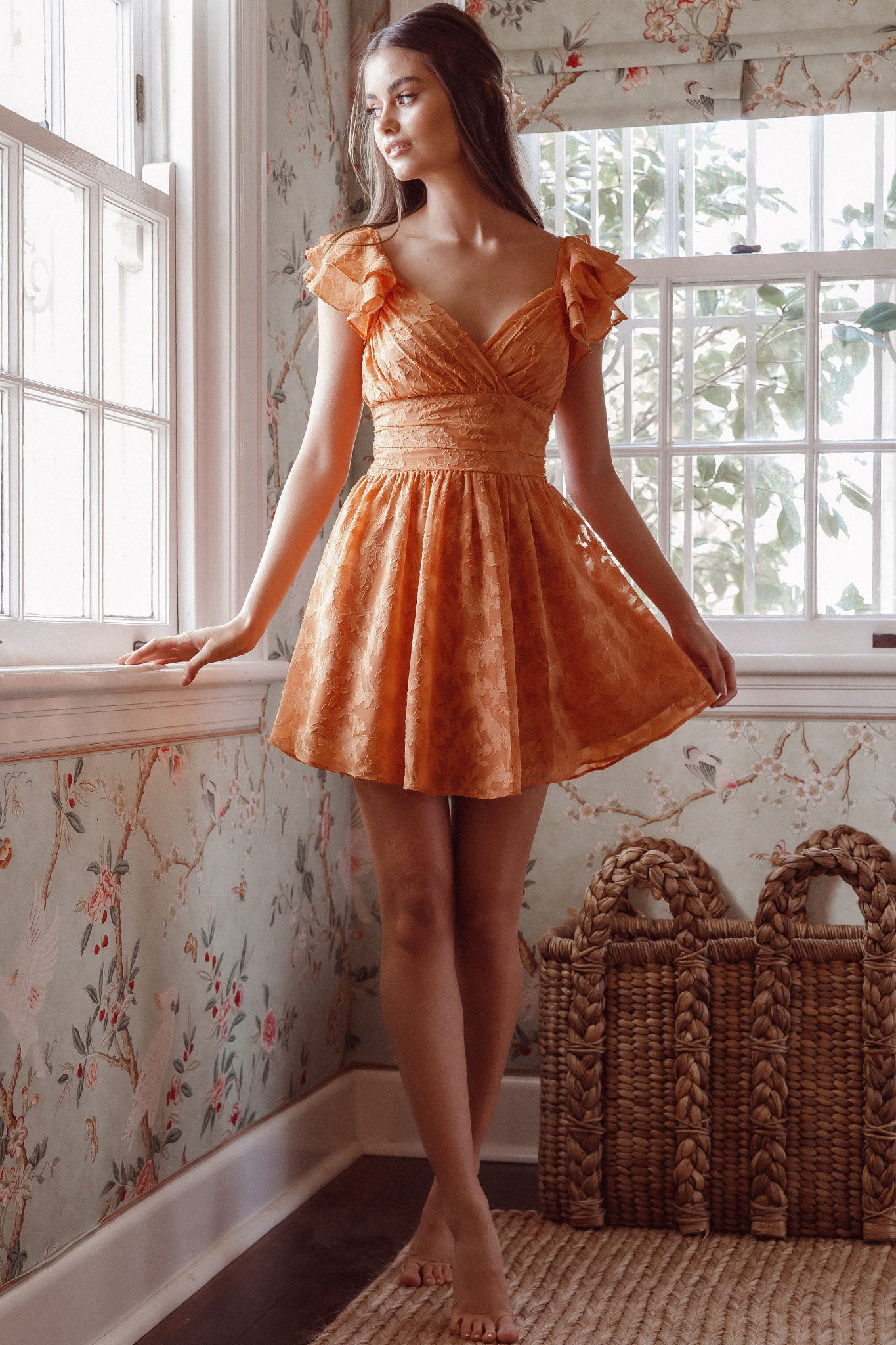 Lola Ruffle Shoulder Ruched Dress Textured Orange-Maymioy