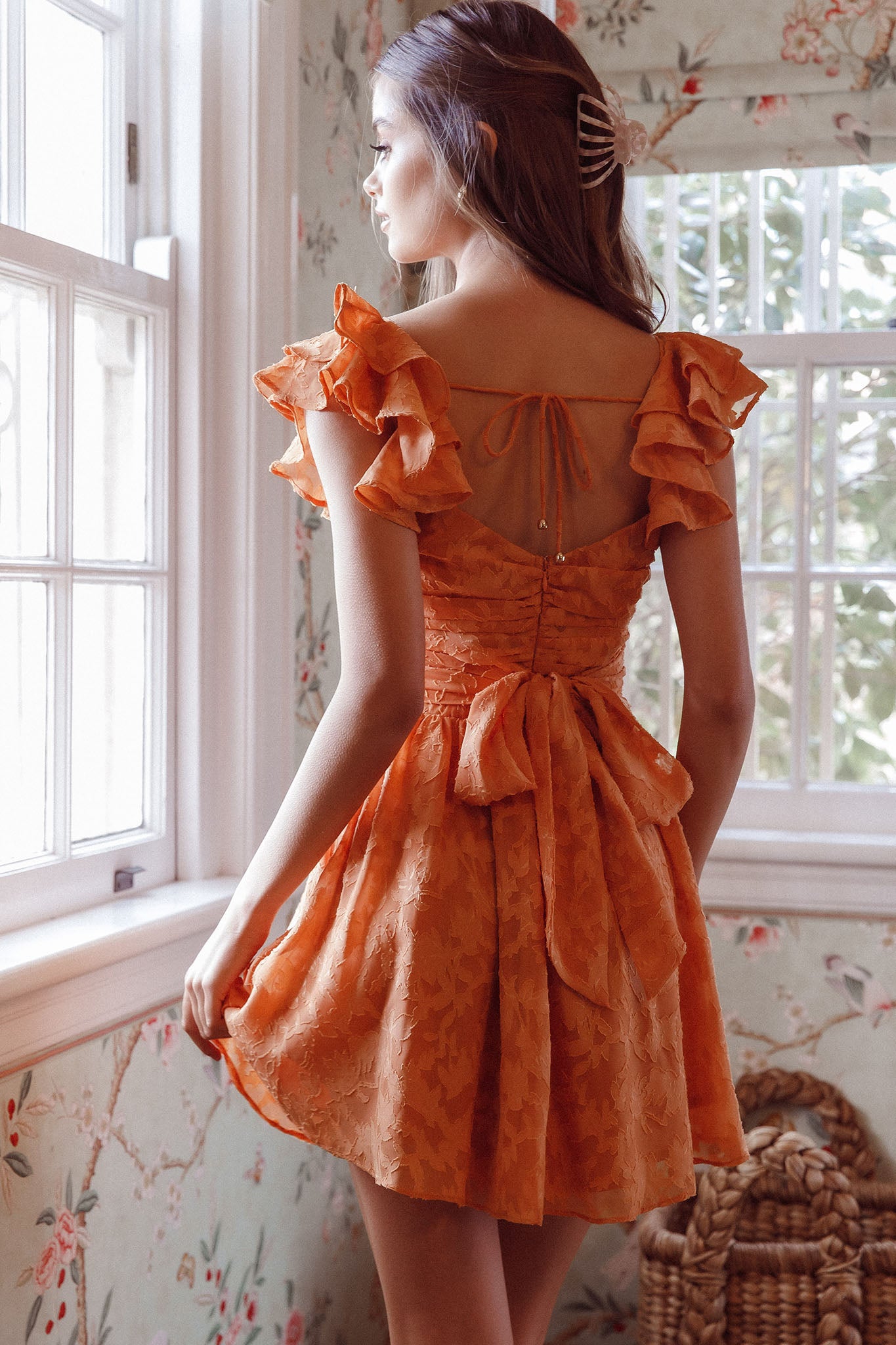 Lola Ruffle Shoulder Ruched Dress Textured Orange-Maymioy