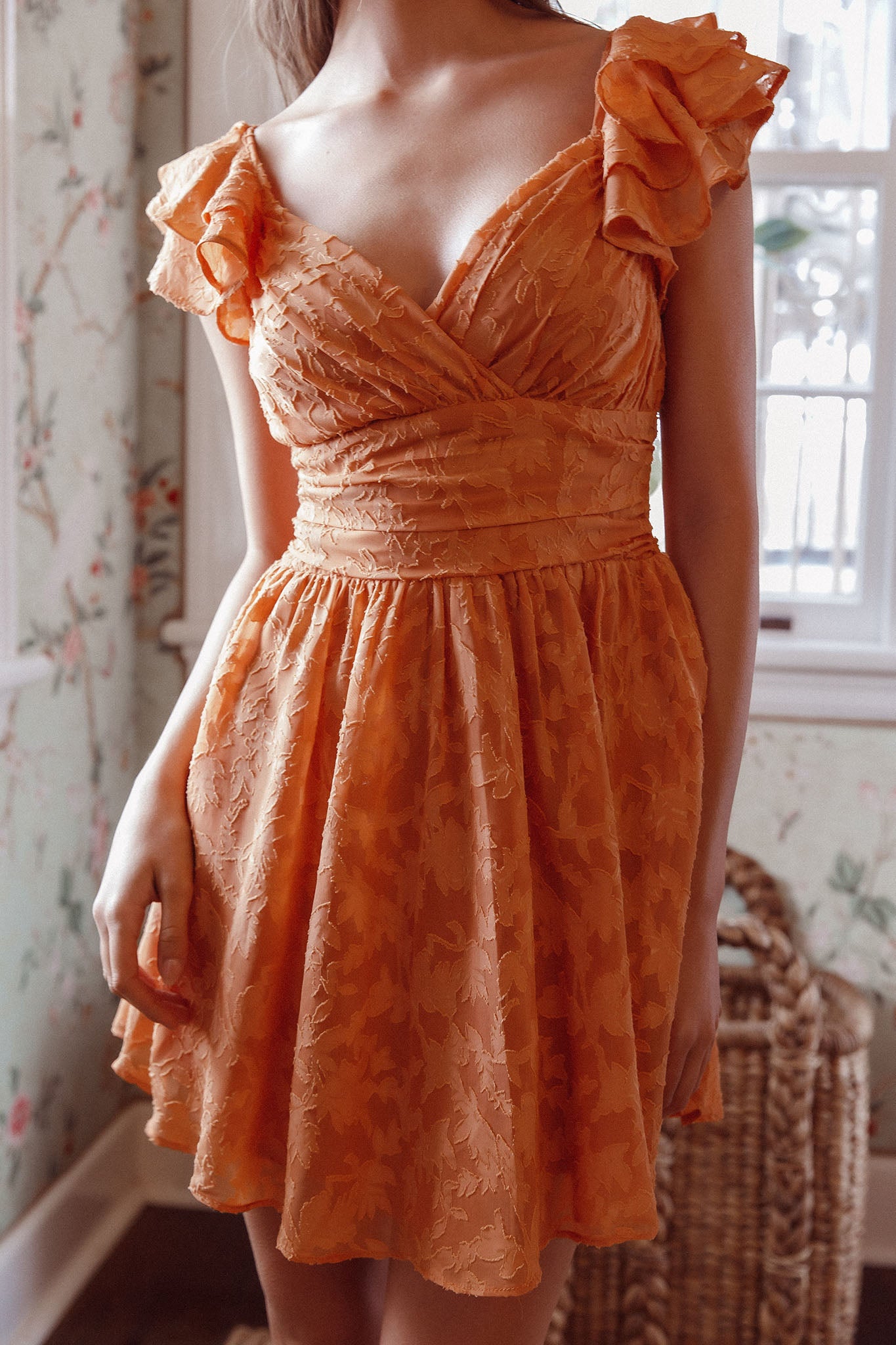 Lola Ruffle Shoulder Ruched Dress Textured Orange-Maymioy