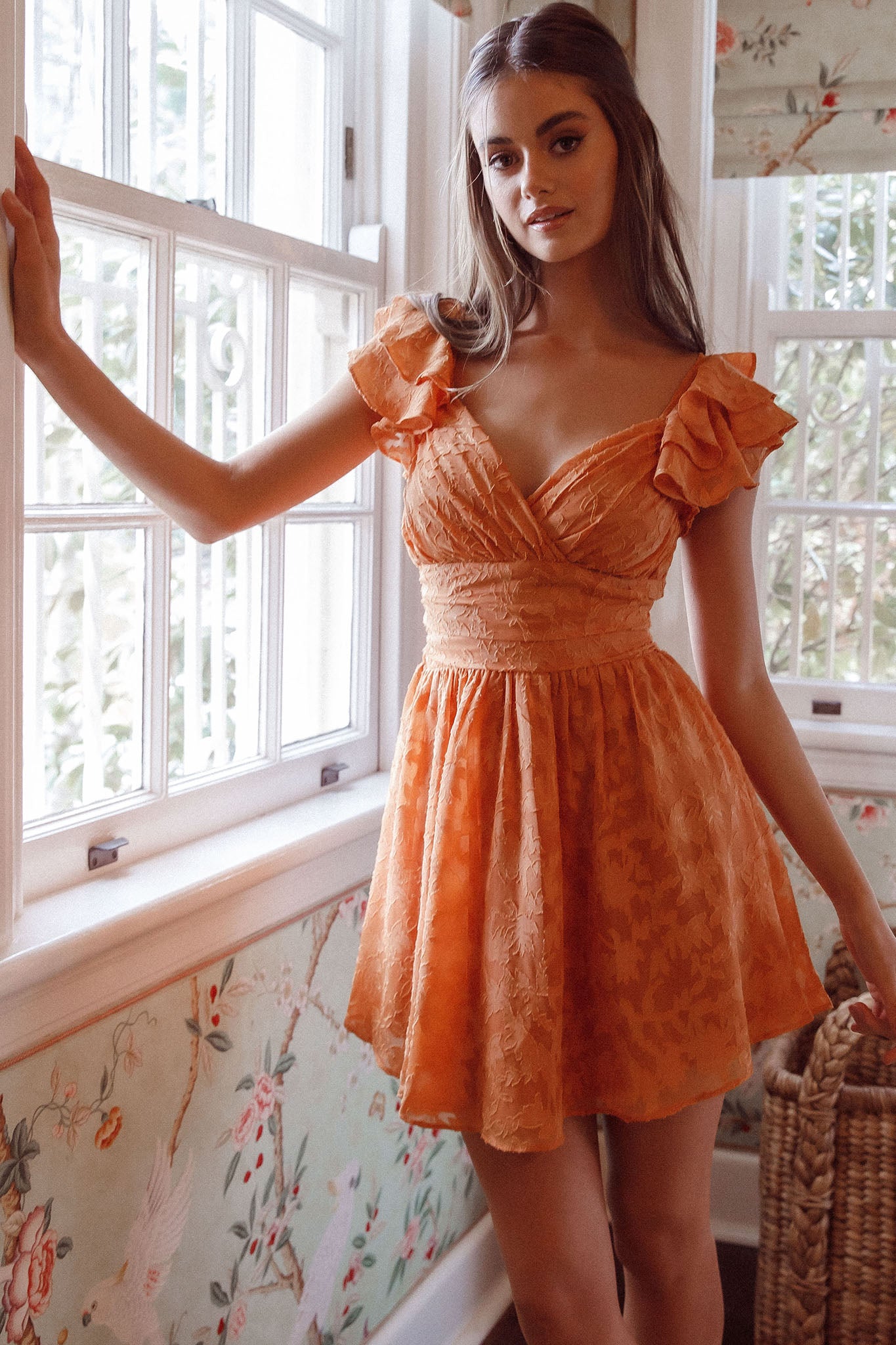 Lola Ruffle Shoulder Ruched Dress Textured Orange-Maymioy