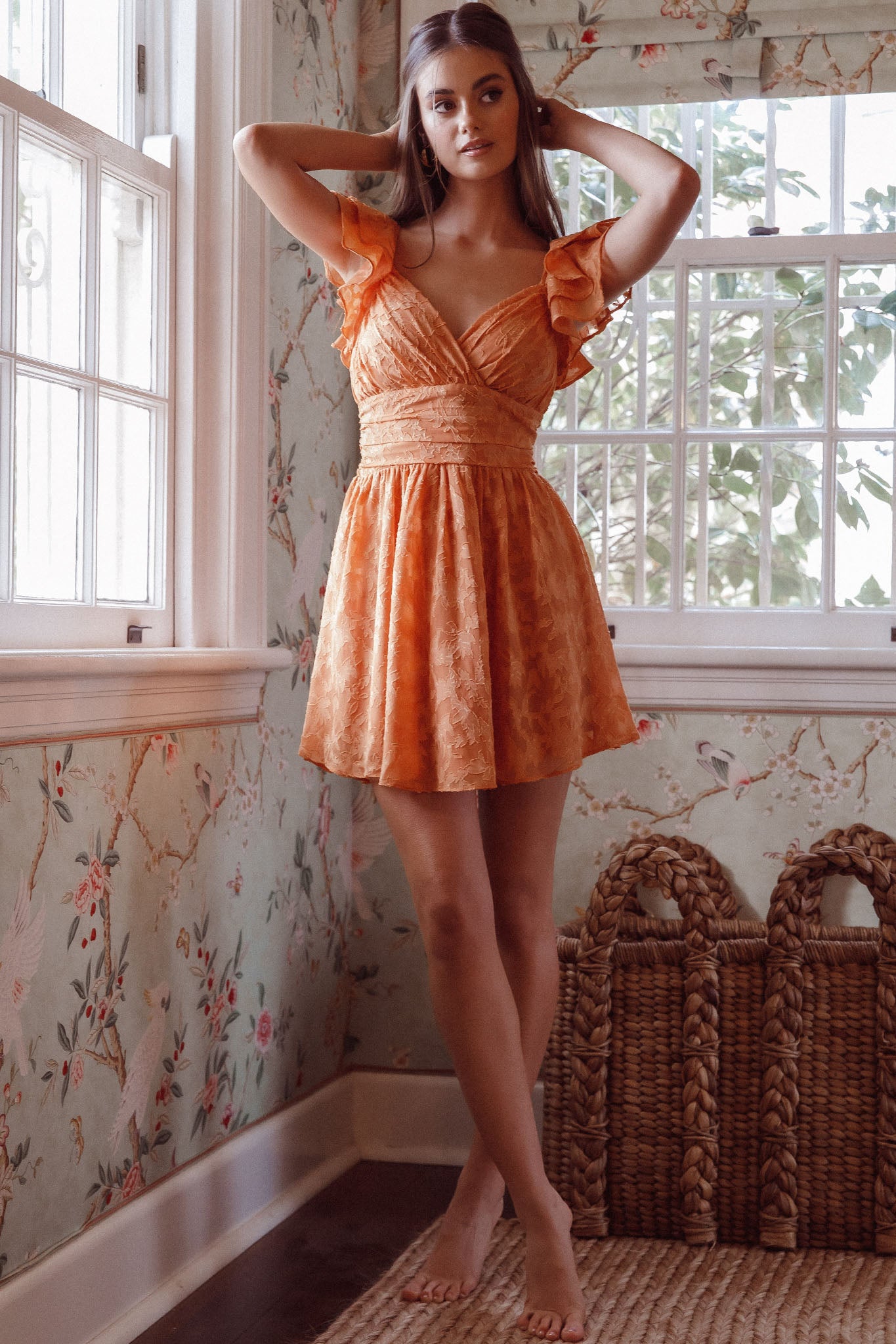 Lola Ruffle Shoulder Ruched Dress Textured Orange-Maymioy