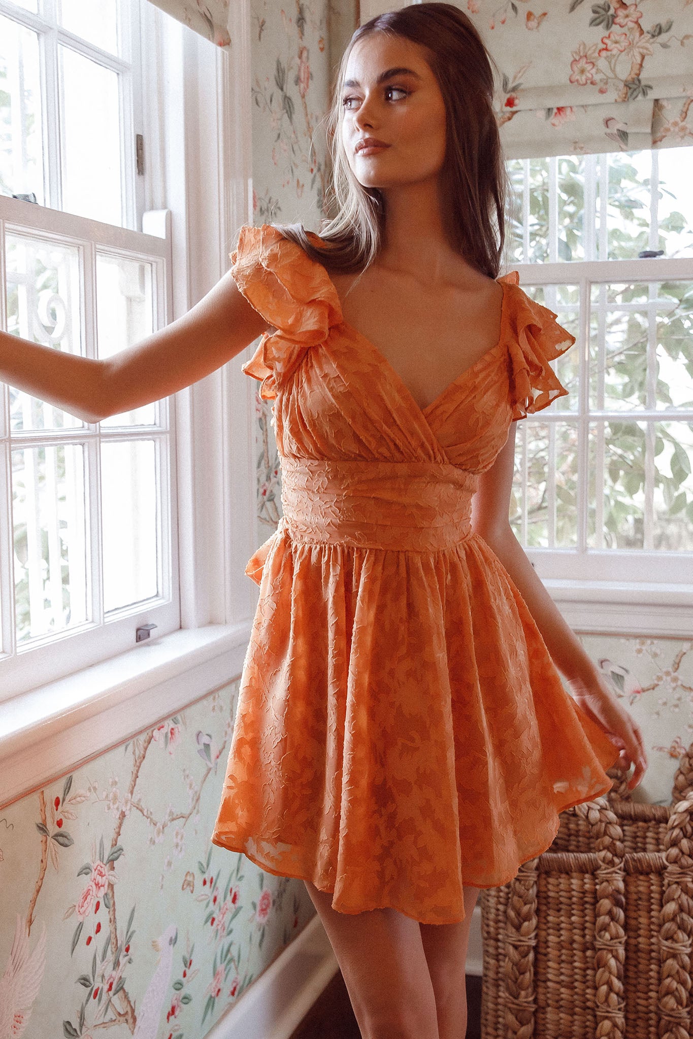 Lola Ruffle Shoulder Ruched Dress Textured Orange-Maymioy