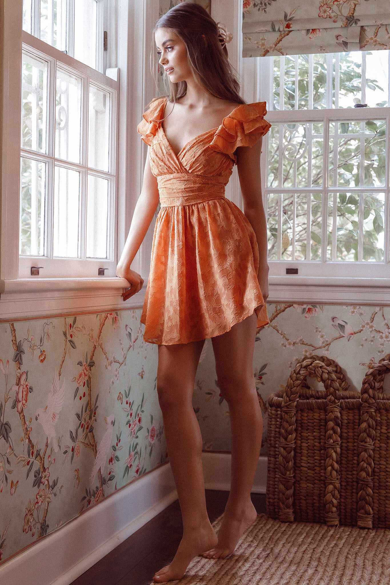 Lola Ruffle Shoulder Ruched Dress Textured Orange-Maymioy