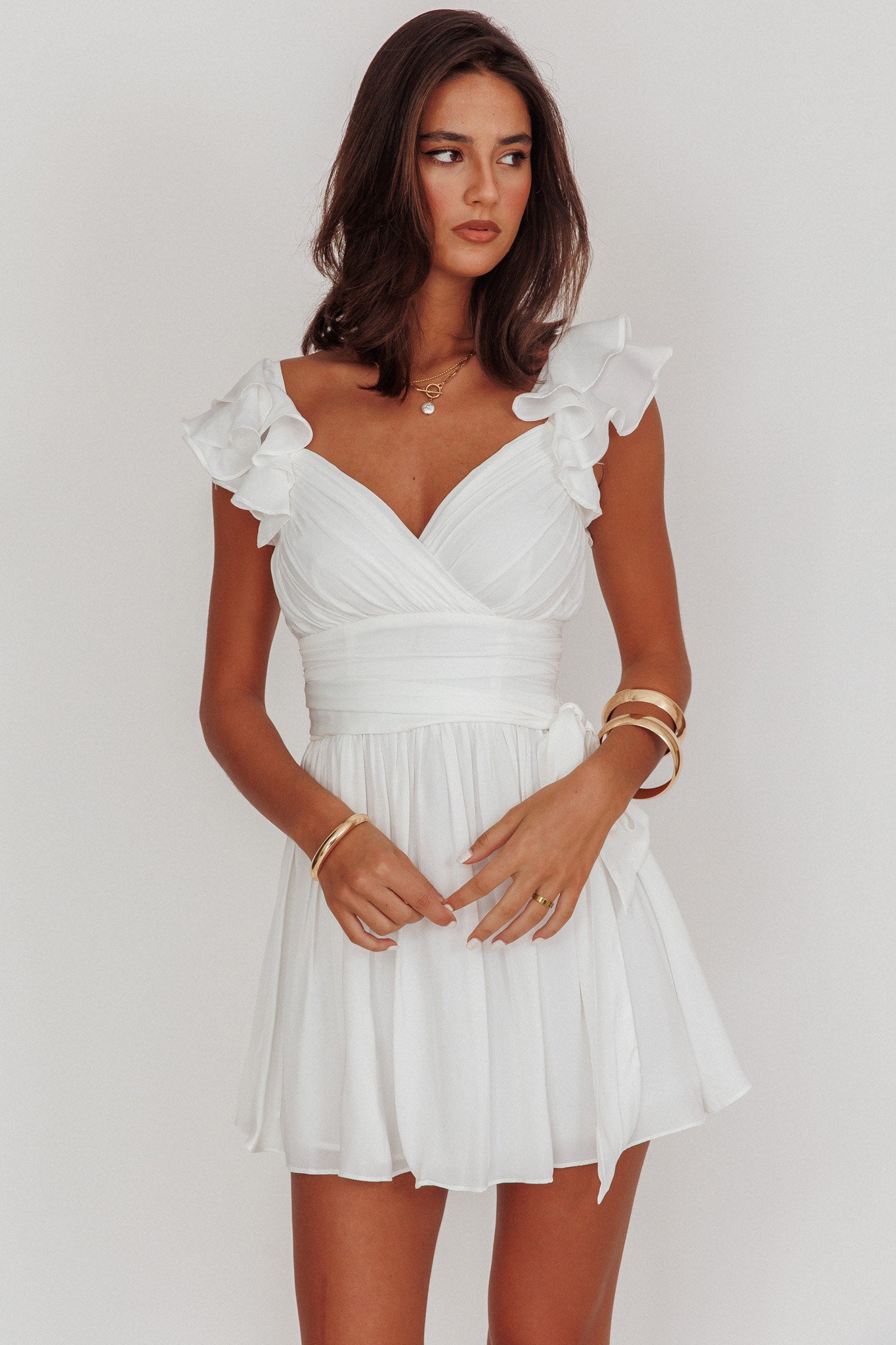 Lola Ruffle Shoulder Ruched Dress White-Maymioy