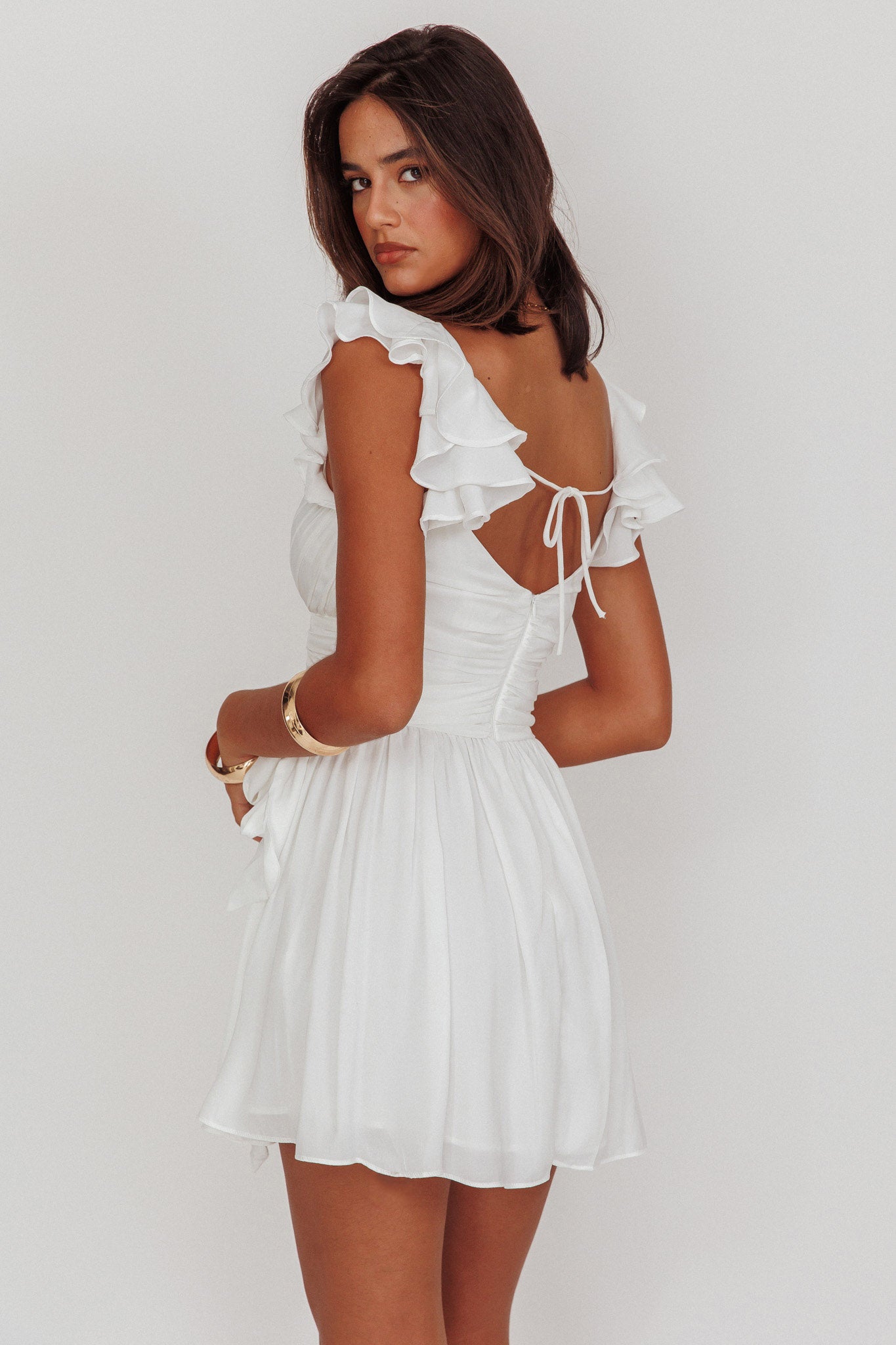 Lola Ruffle Shoulder Ruched Dress White-Maymioy