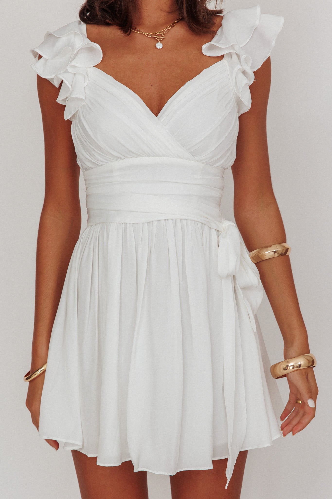 Lola Ruffle Shoulder Ruched Dress White-Maymioy