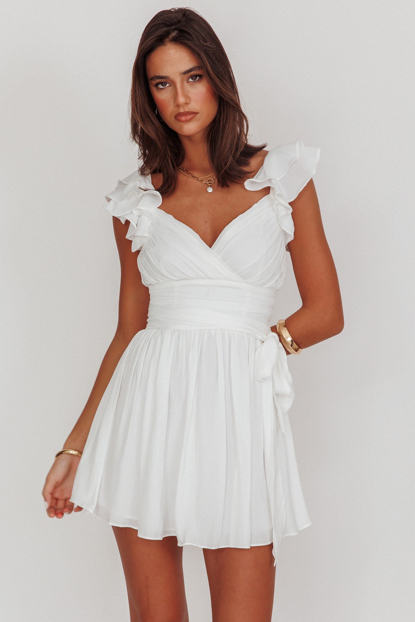 Lola Ruffle Shoulder Ruched Dress White-Maymioy