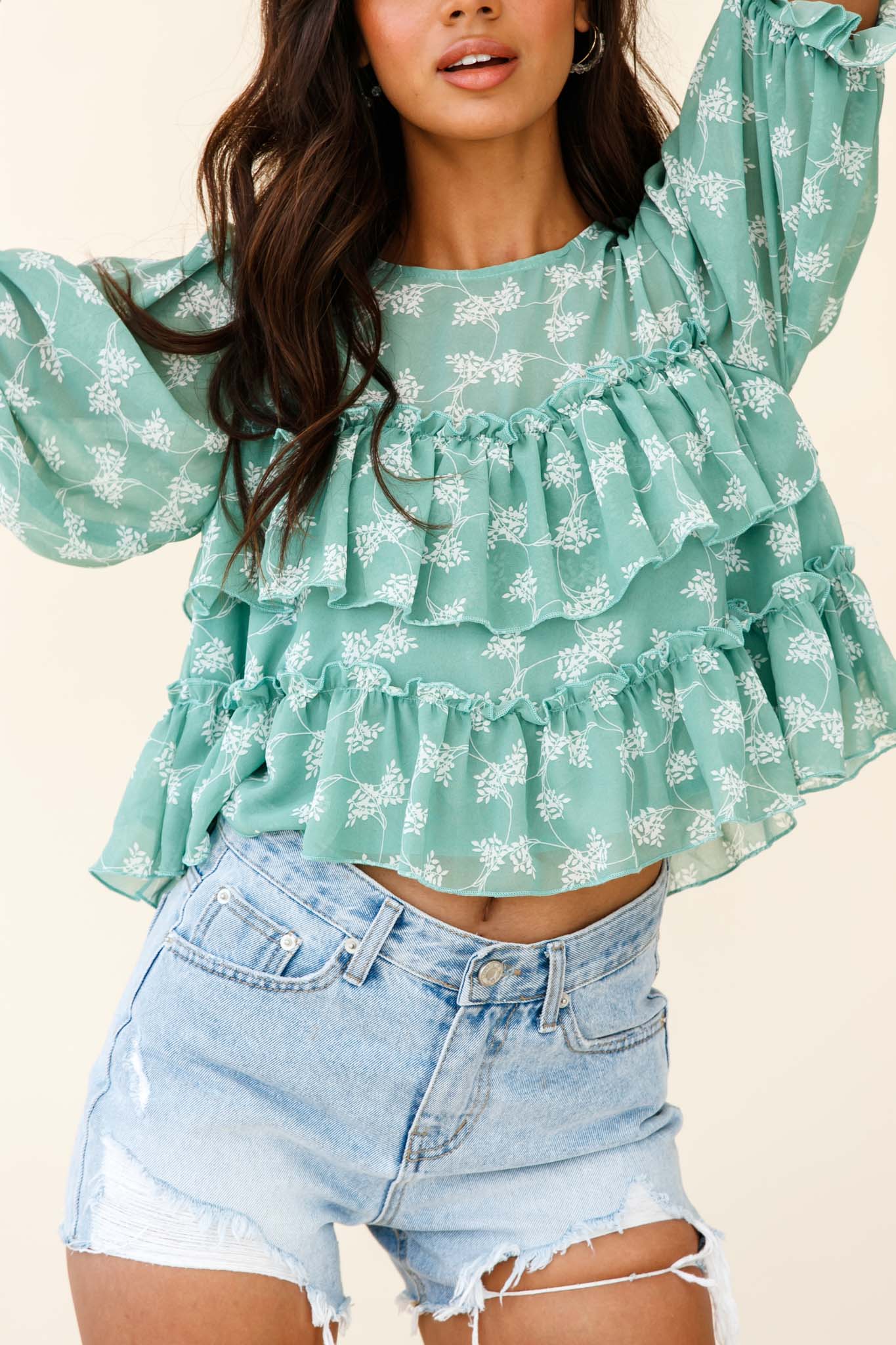 Float On By Layered Ruffle Crop Top Leaf Print Green-Maymioy