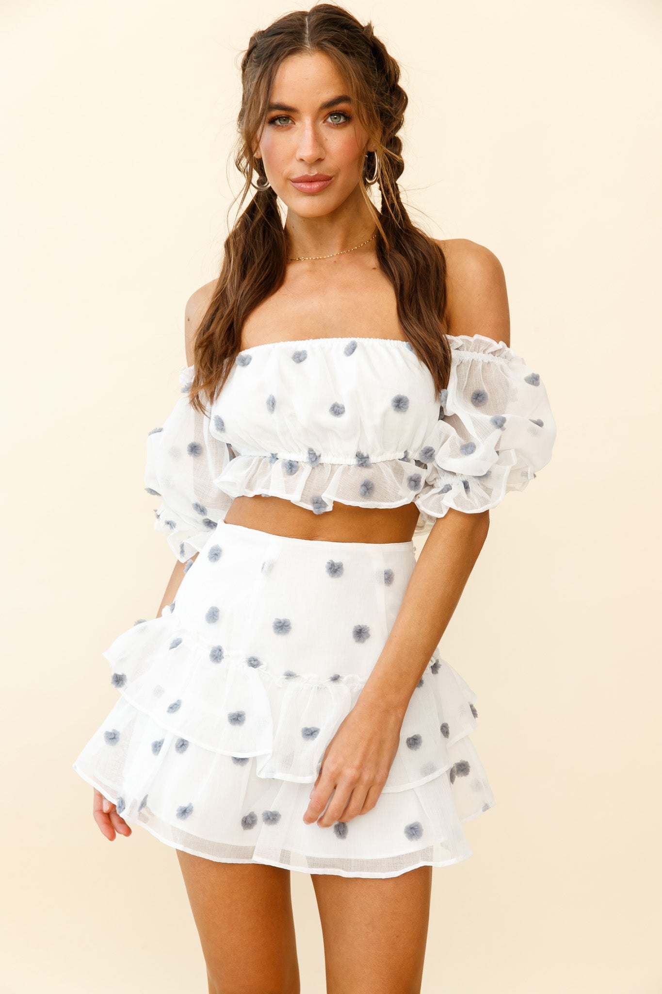 Krista Layered Ruffle Pompom Skirt White/Blue-Maymioy