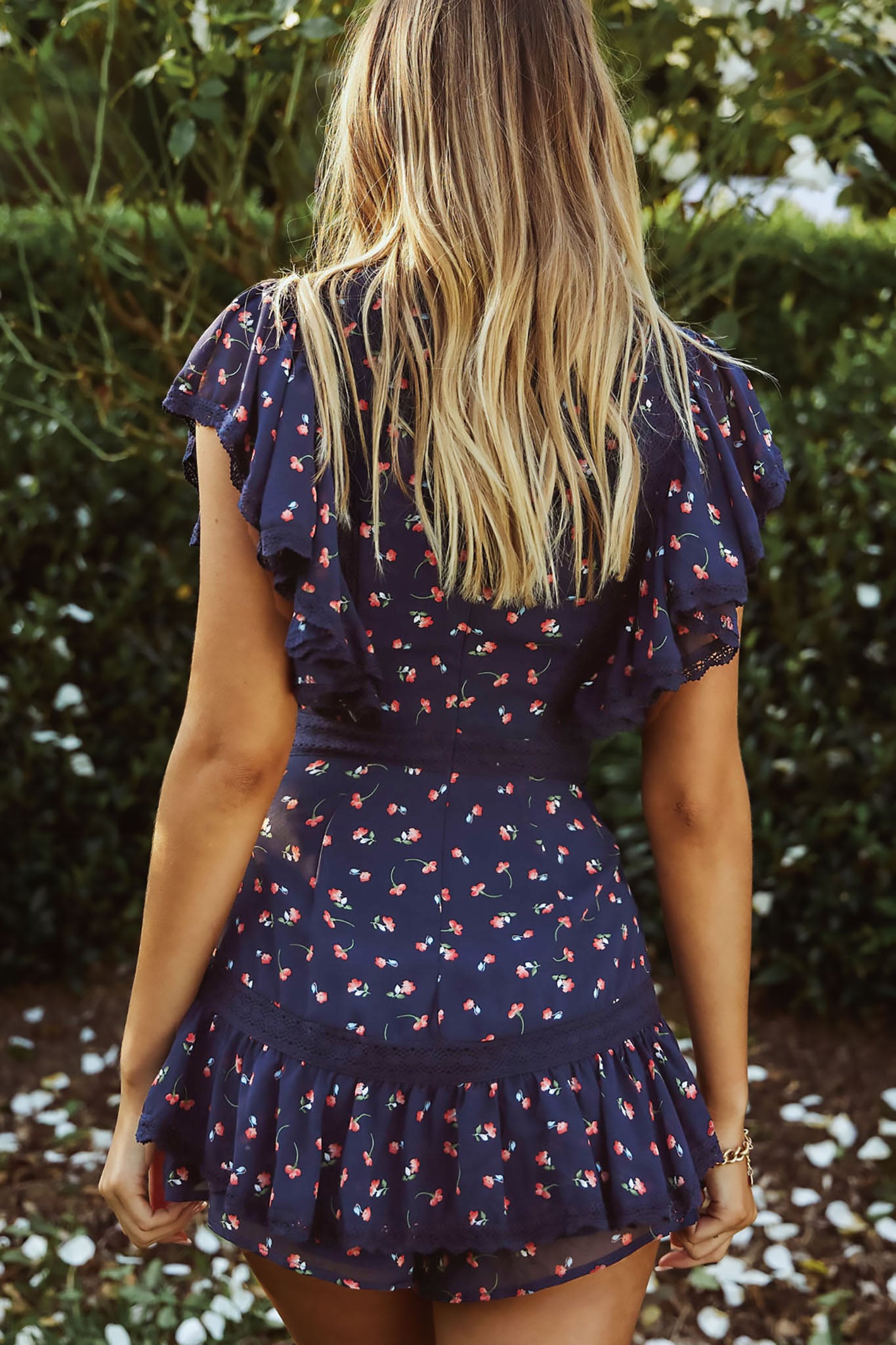 Miss Thing Crochet Trim Ruffle Detail Romper Floral Print Navy-Maymioy