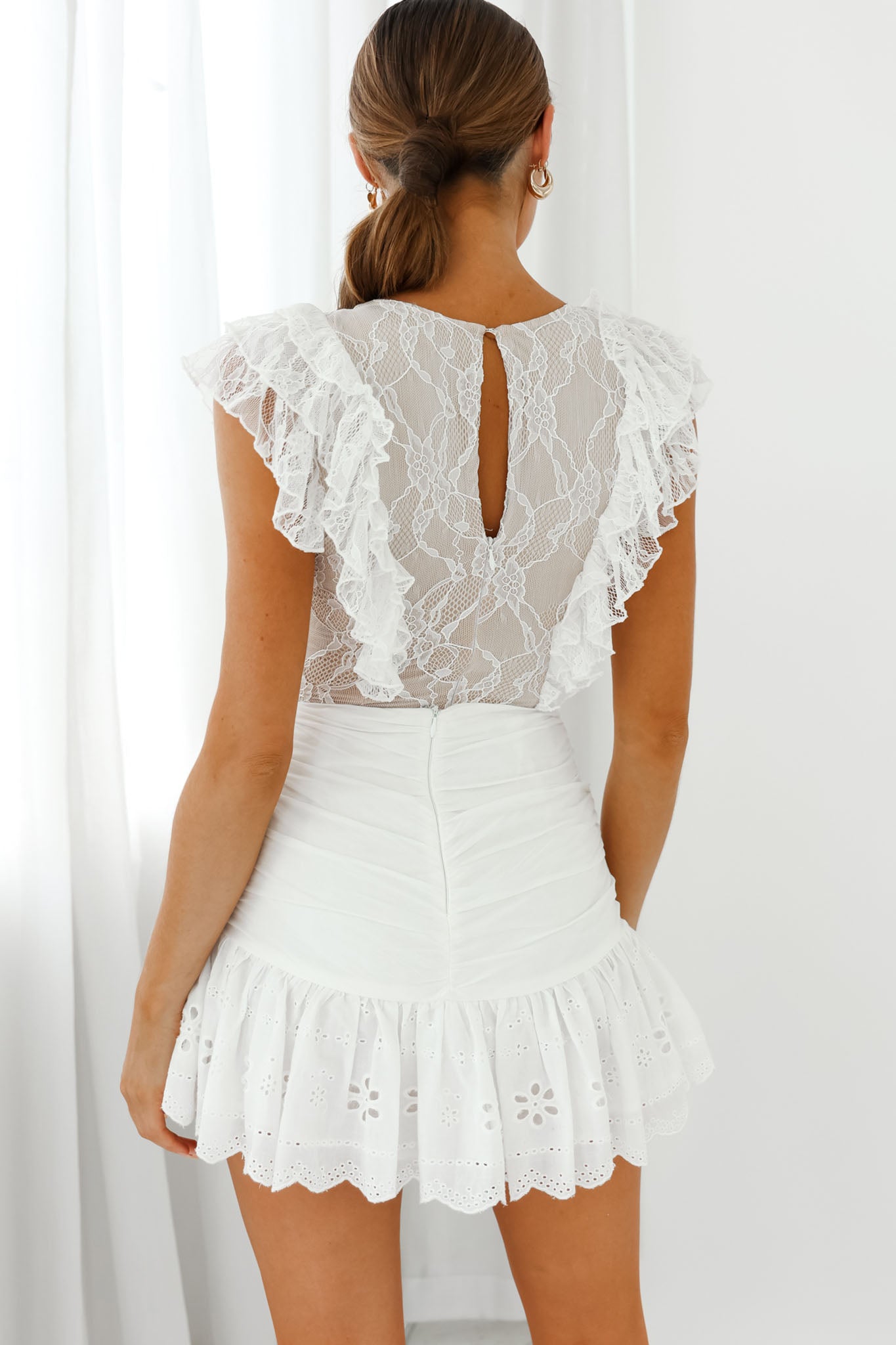 Spring Fling Frill Trim Lace Bodysuit White-Maymioy