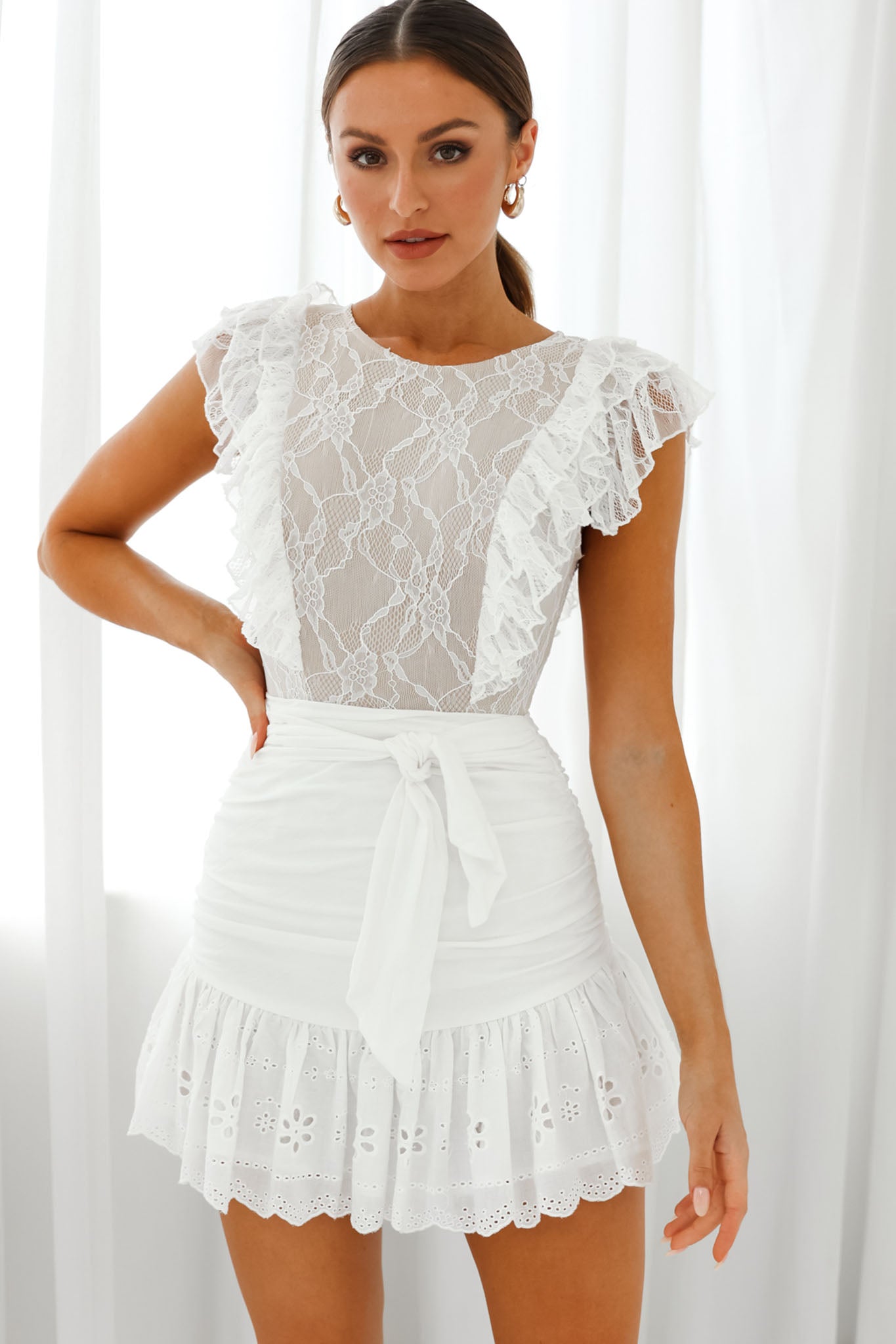 Spring Fling Frill Trim Lace Bodysuit White-Maymioy