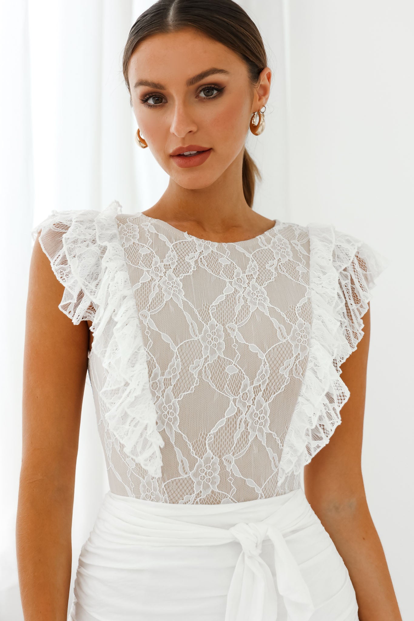 Spring Fling Frill Trim Lace Bodysuit White-Maymioy