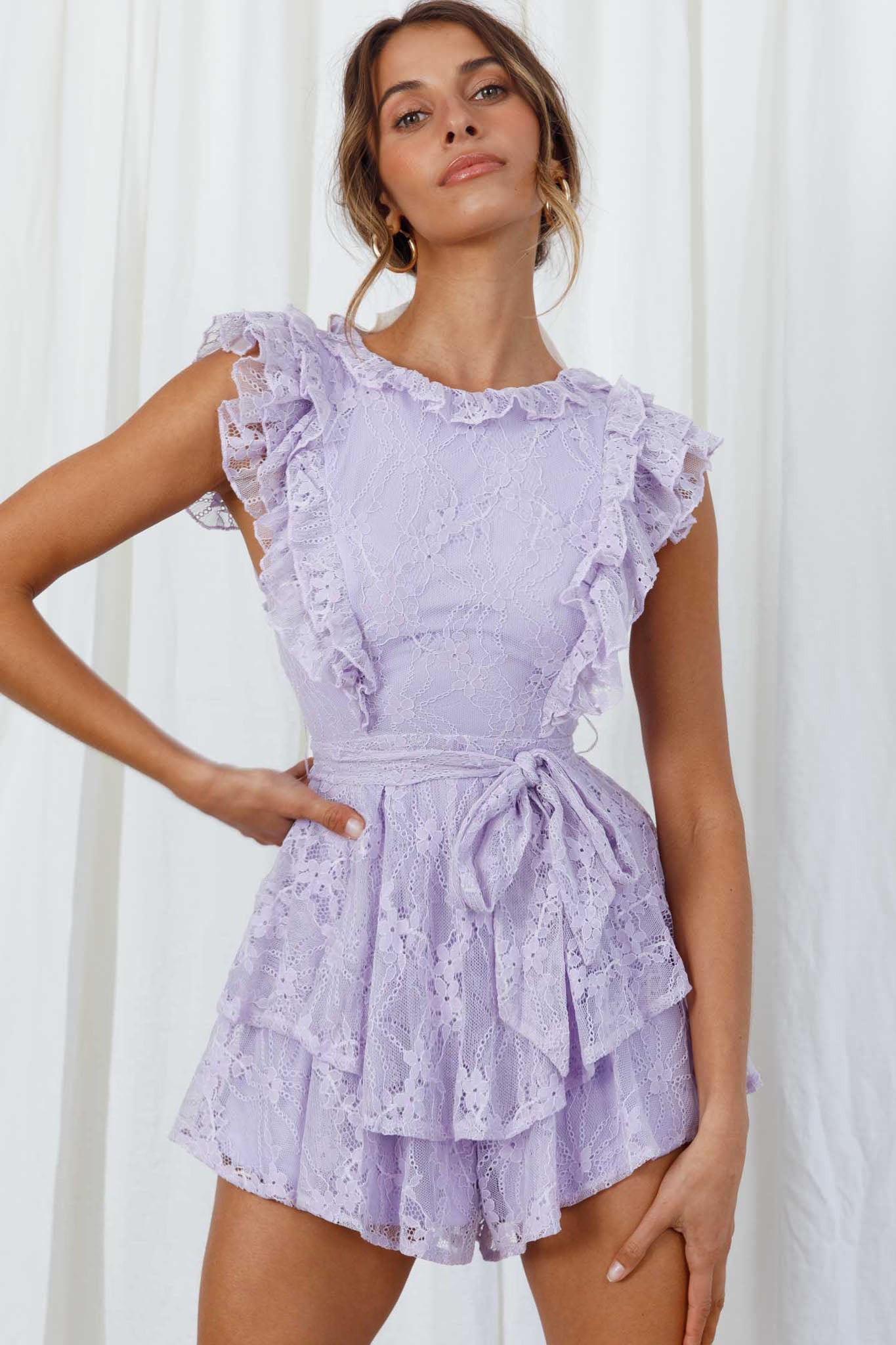 Spring Fling Frill Trim Waist Tie Lace Romper Lilac-Maymioy