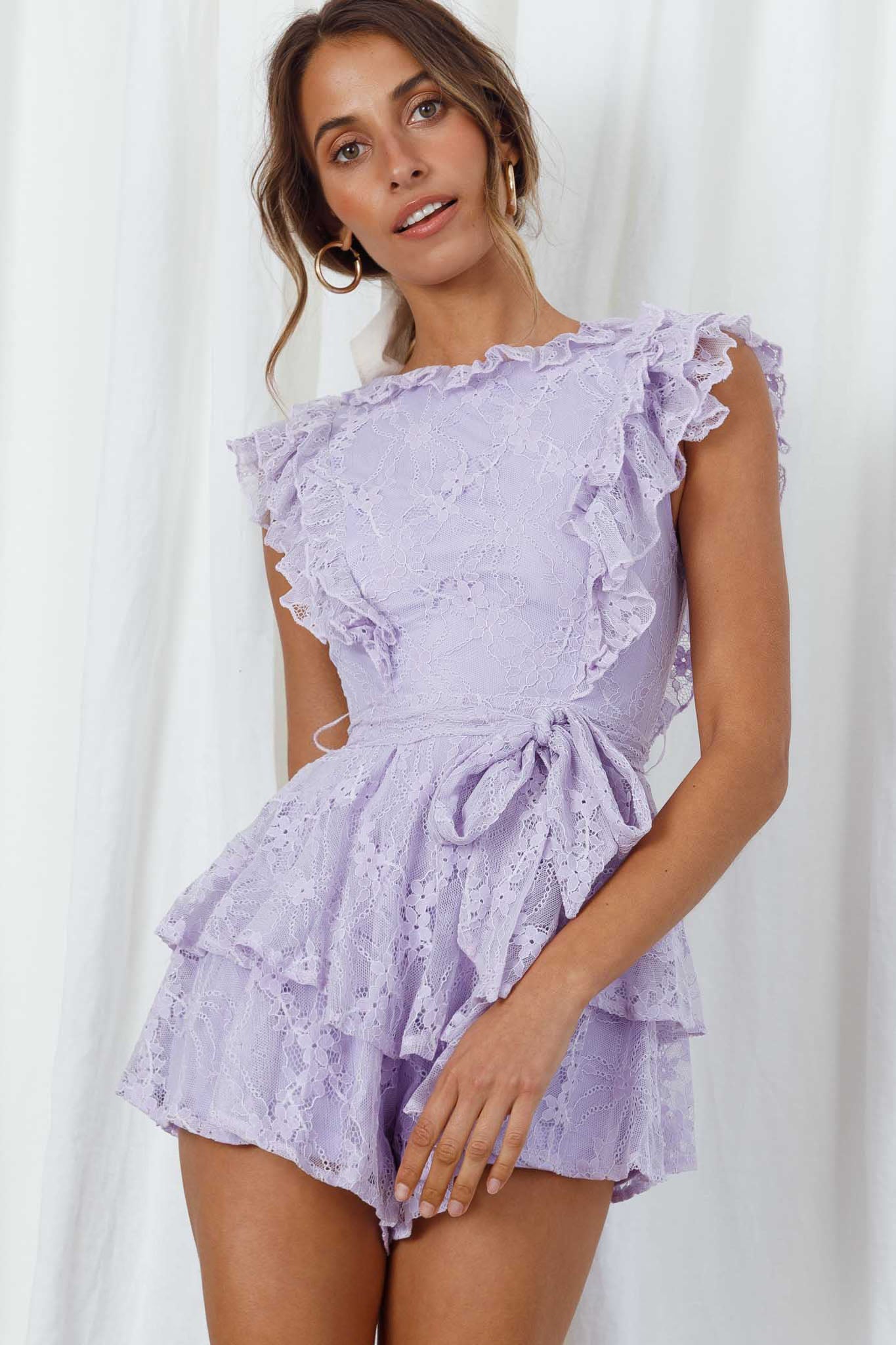 Spring Fling Frill Trim Waist Tie Lace Romper Lilac-Maymioy