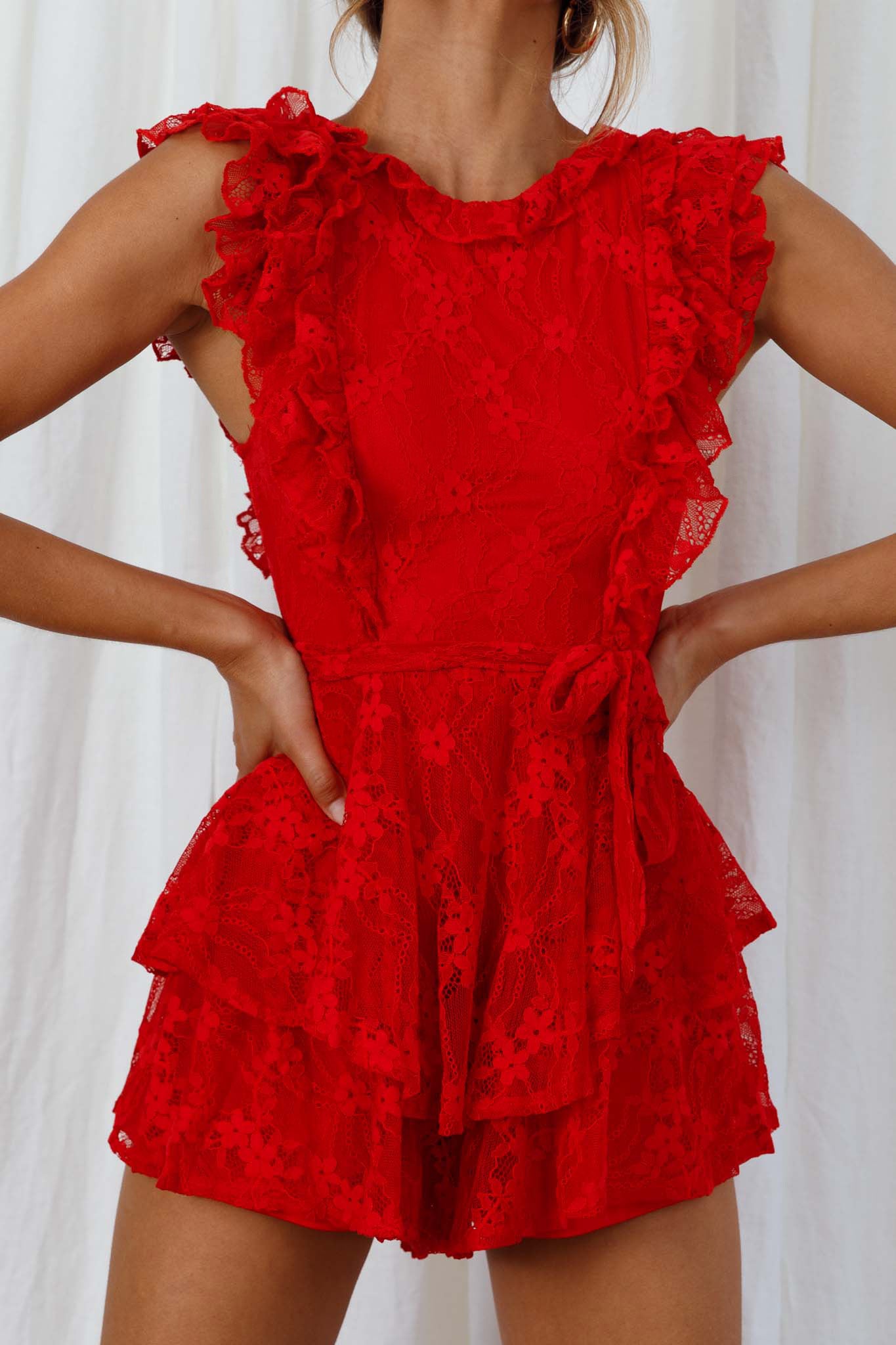 Spring Fling Frill Trim Waist Tie Lace Romper Red-Maymioy