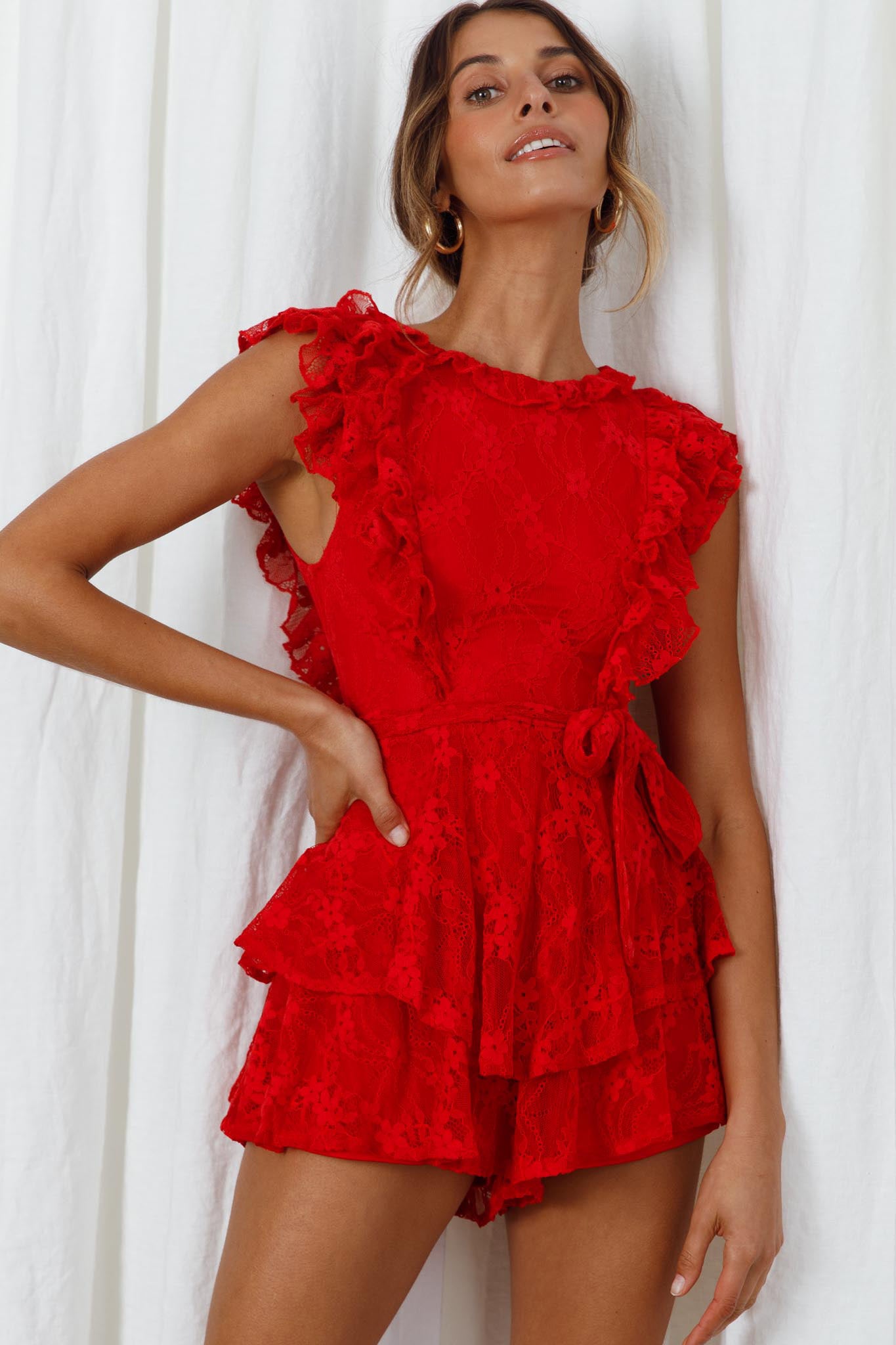 Spring Fling Frill Trim Waist Tie Lace Romper Red-Maymioy