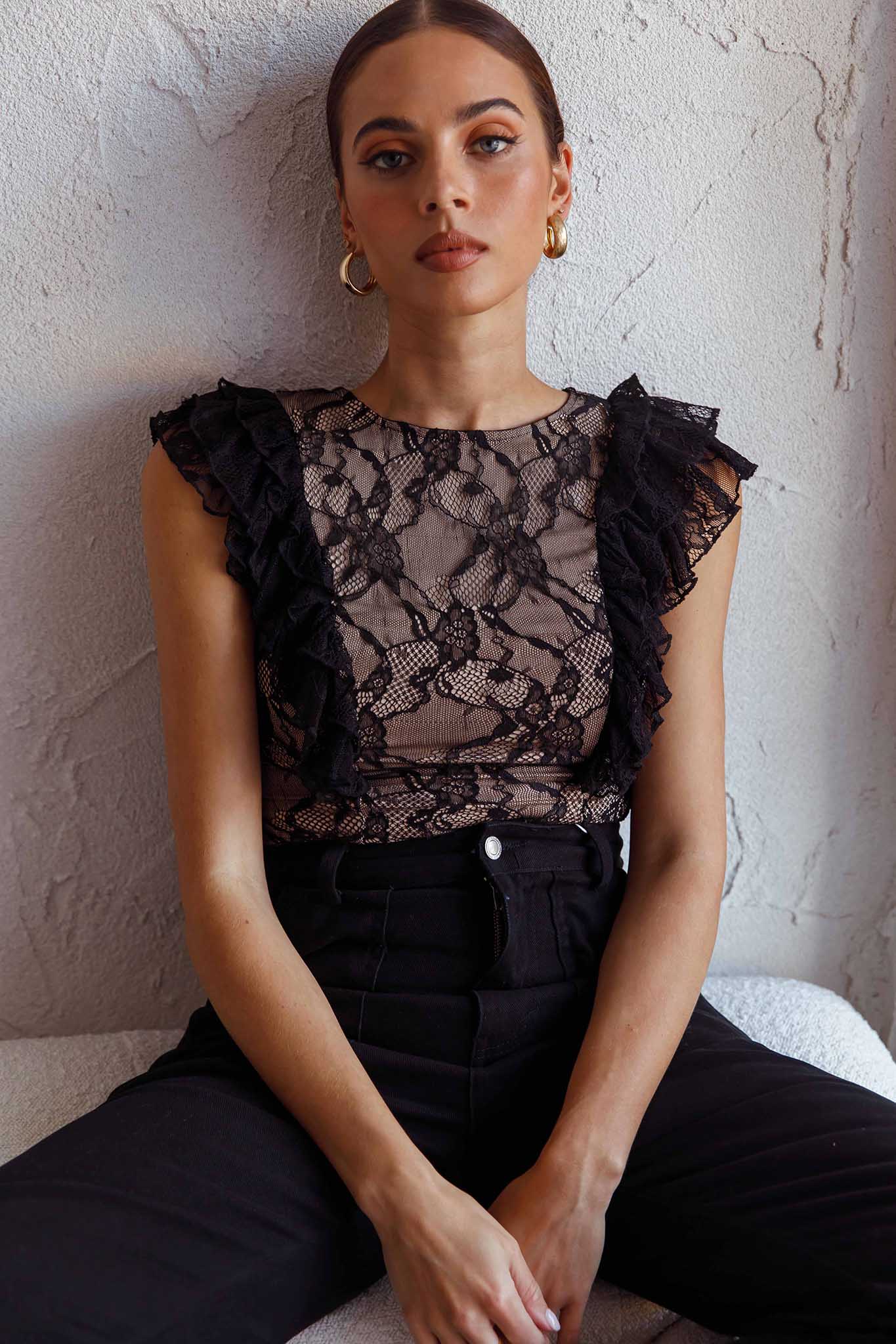 Spring Fling Frill Trim Lace Bodysuit Black-Maymioy