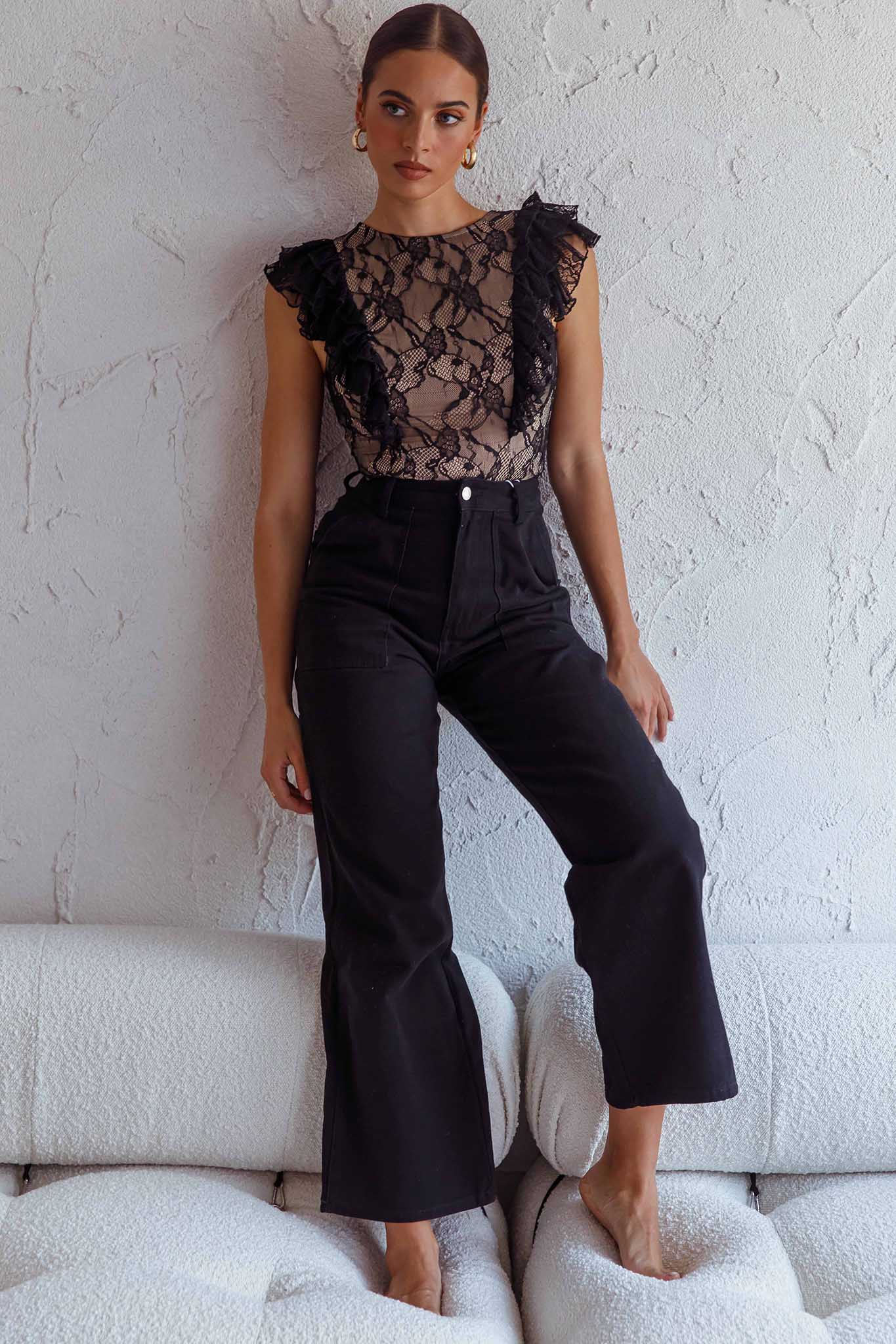 Spring Fling Frill Trim Lace Bodysuit Black-Maymioy