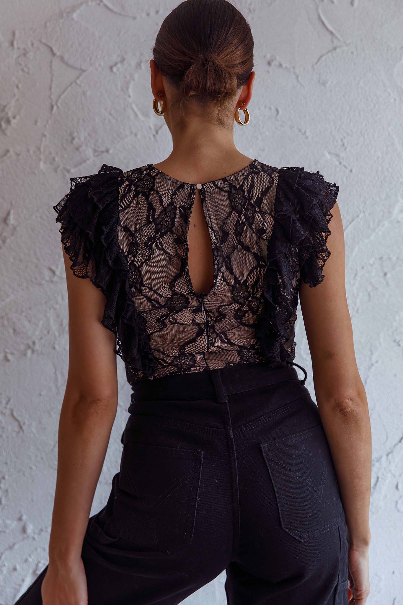 Spring Fling Frill Trim Lace Bodysuit Black-Maymioy