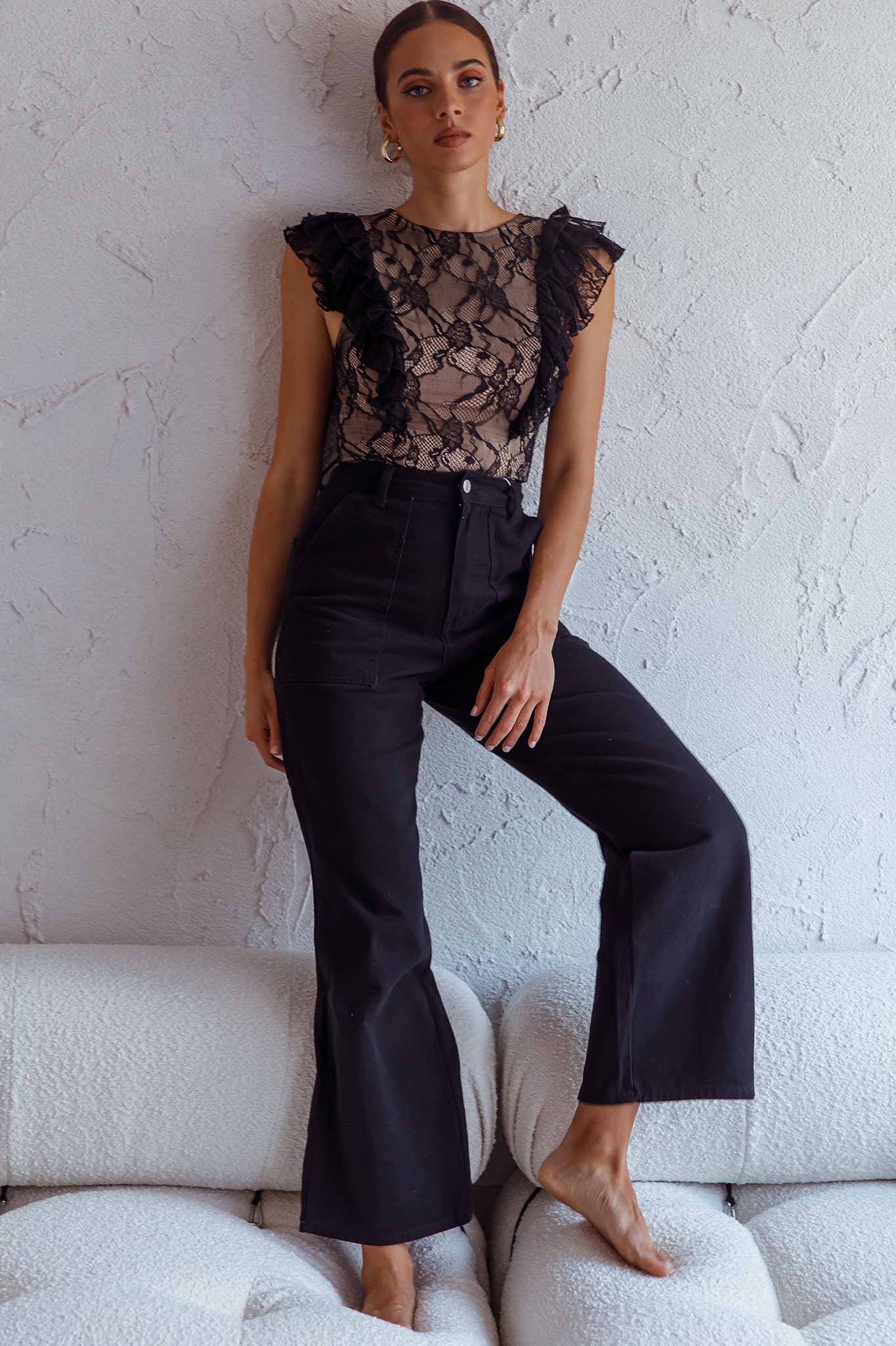 Spring Fling Frill Trim Lace Bodysuit Black-Maymioy