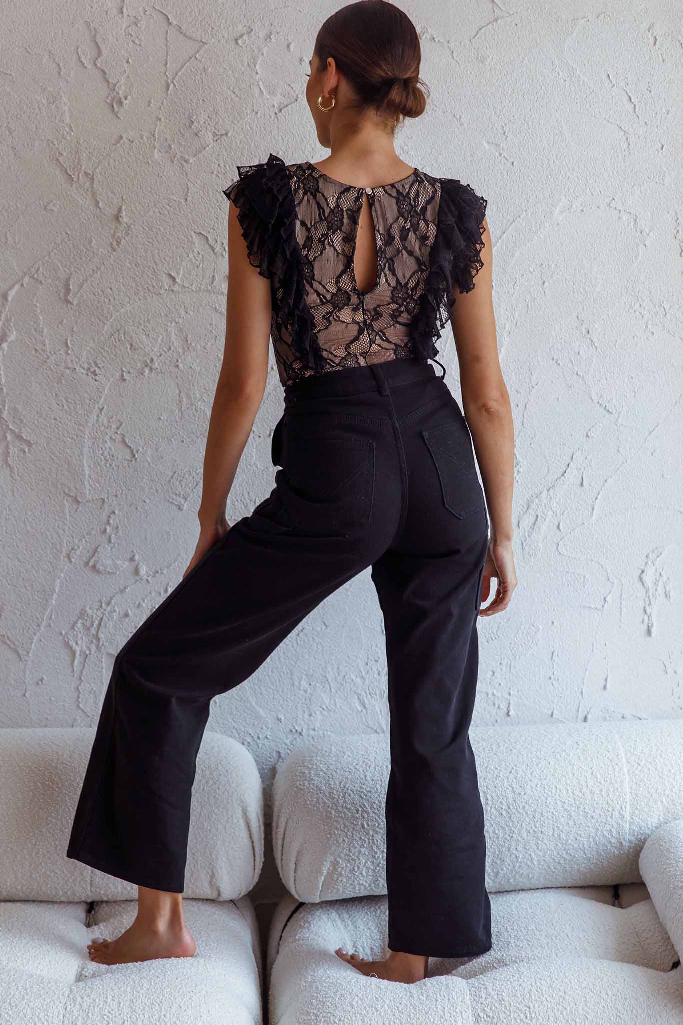 Spring Fling Frill Trim Lace Bodysuit Black-Maymioy