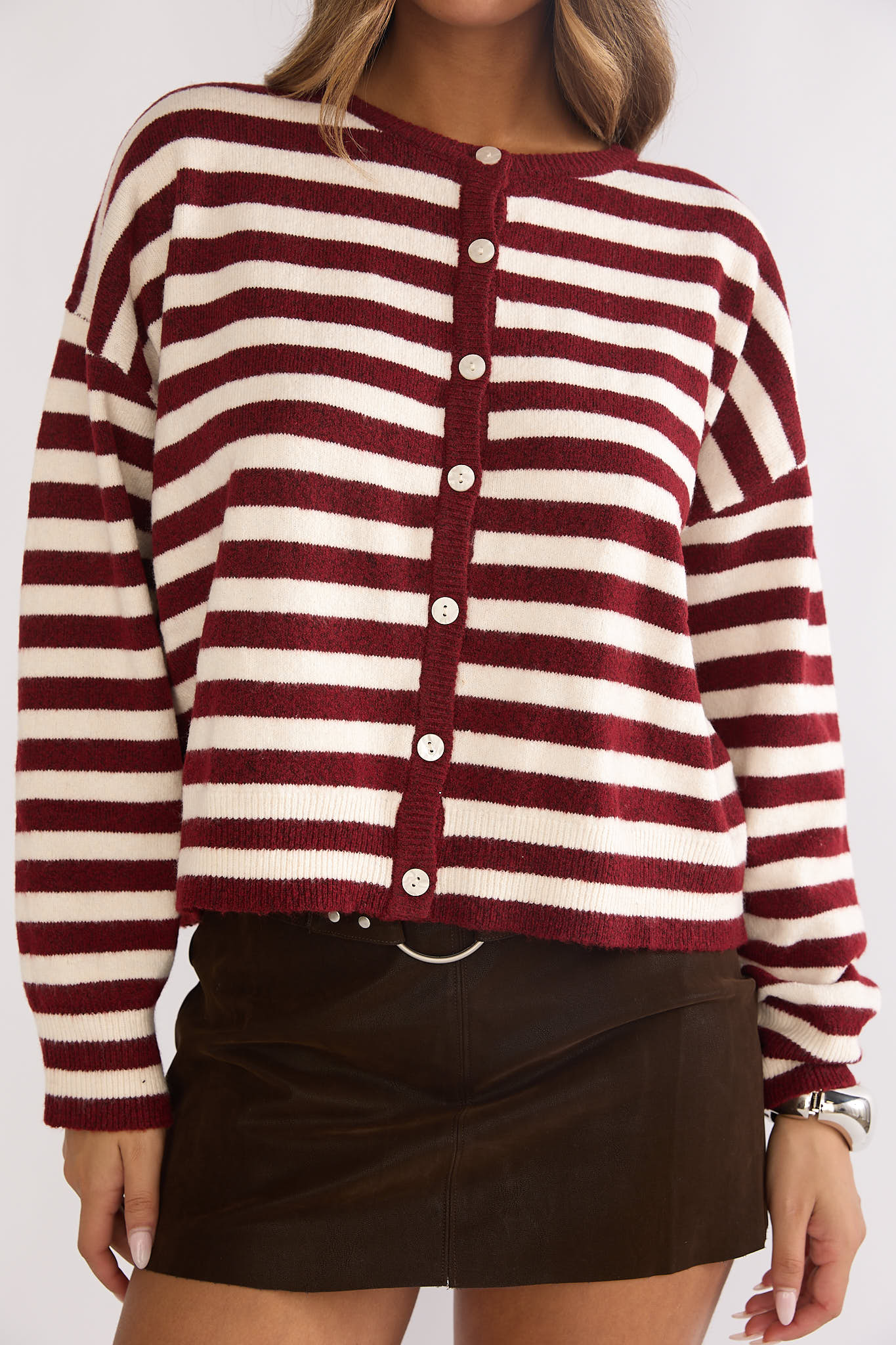 Ivyn Button Front Knitwear Top Stripe Crimson-Maymioy