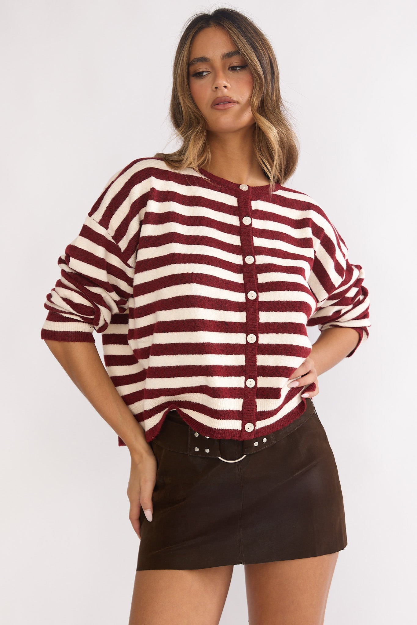 Ivyn Button Front Knitwear Top Stripe Crimson-Maymioy