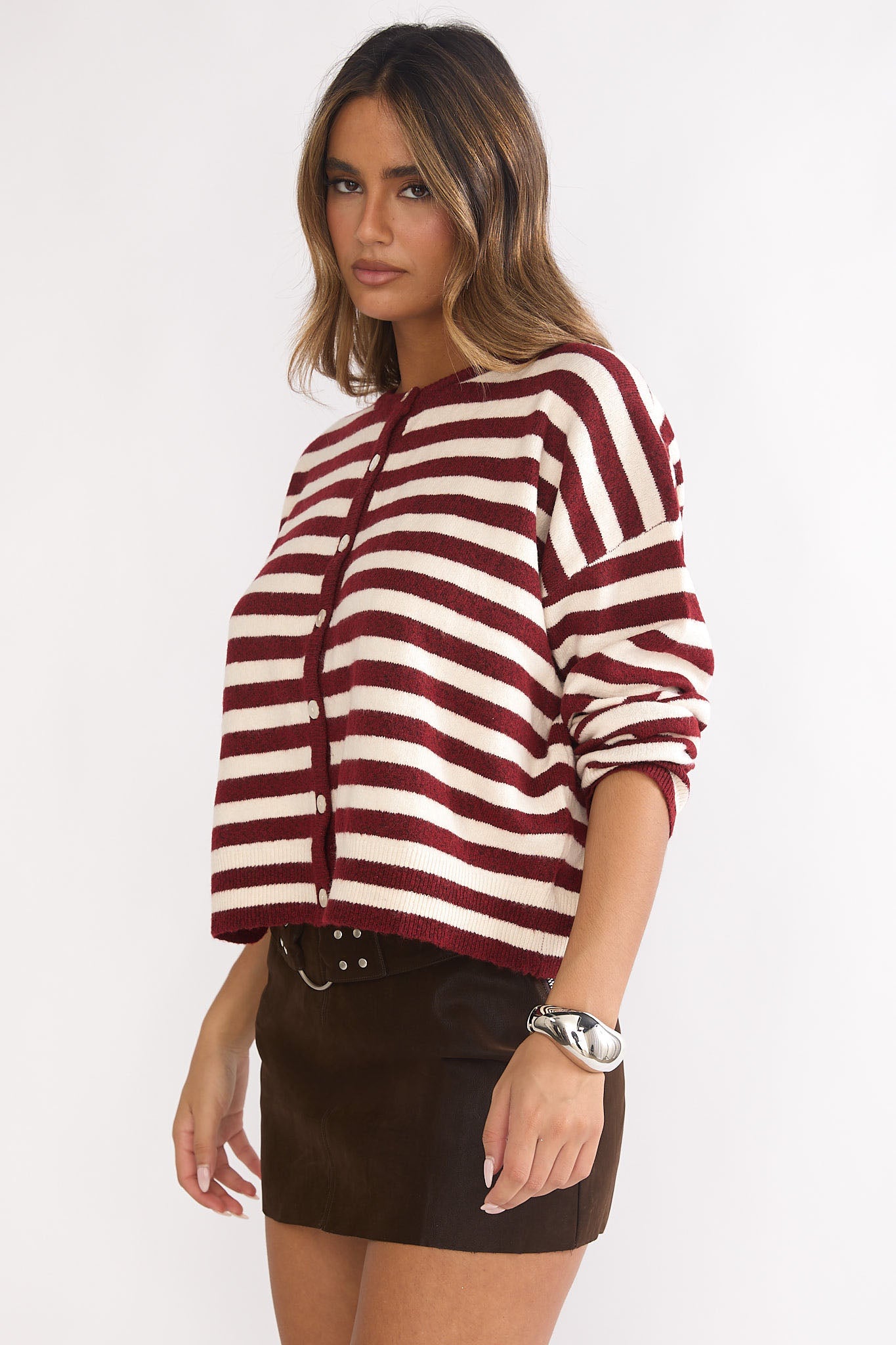 Ivyn Button Front Knitwear Top Stripe Crimson-Maymioy