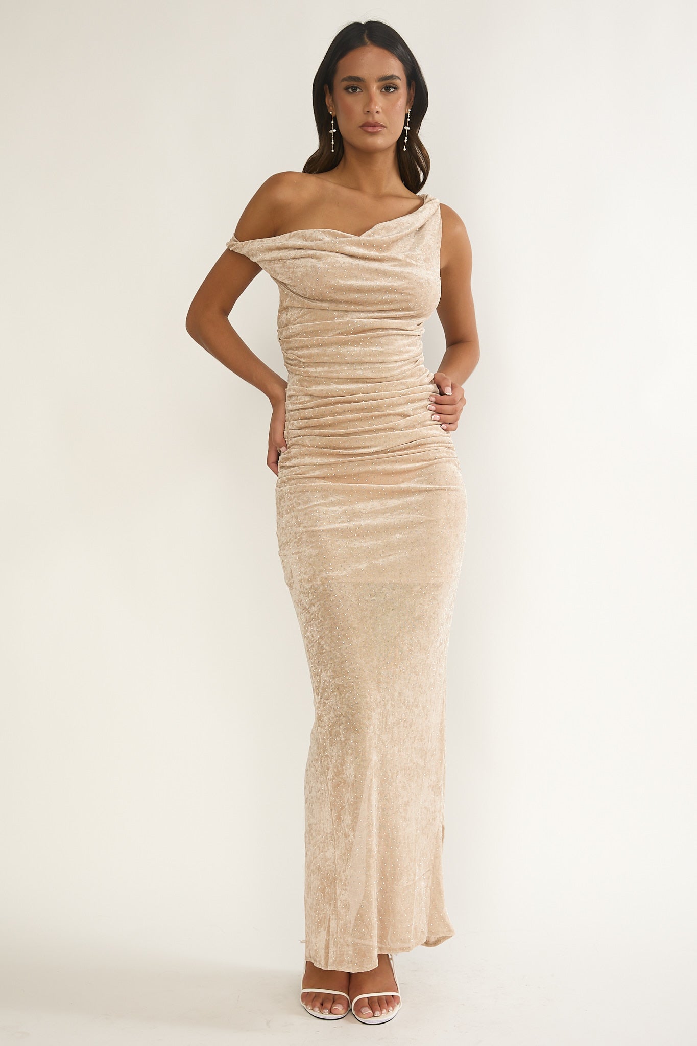 Callen Cowl Ruched Maxi Dress Champagne Silver-Maymioy