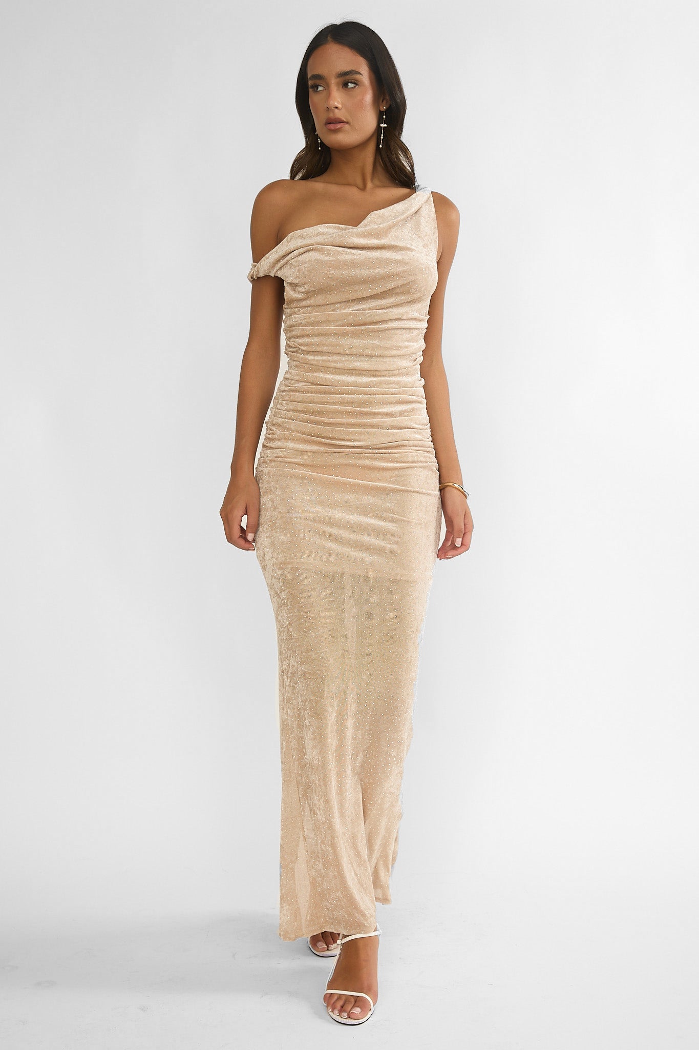 Callen Cowl Ruched Maxi Dress Champagne Silver-Maymioy