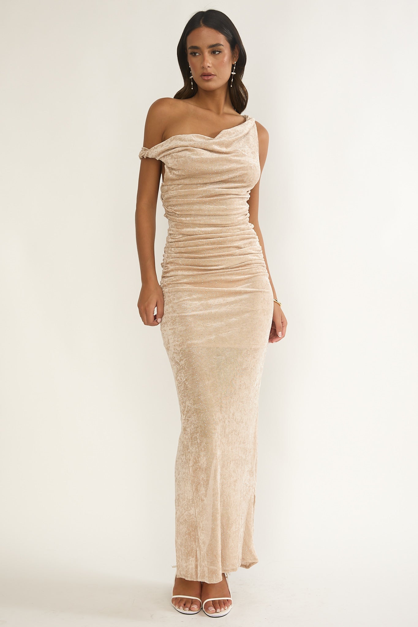 Callen Cowl Ruched Maxi Dress Champagne Silver-Maymioy