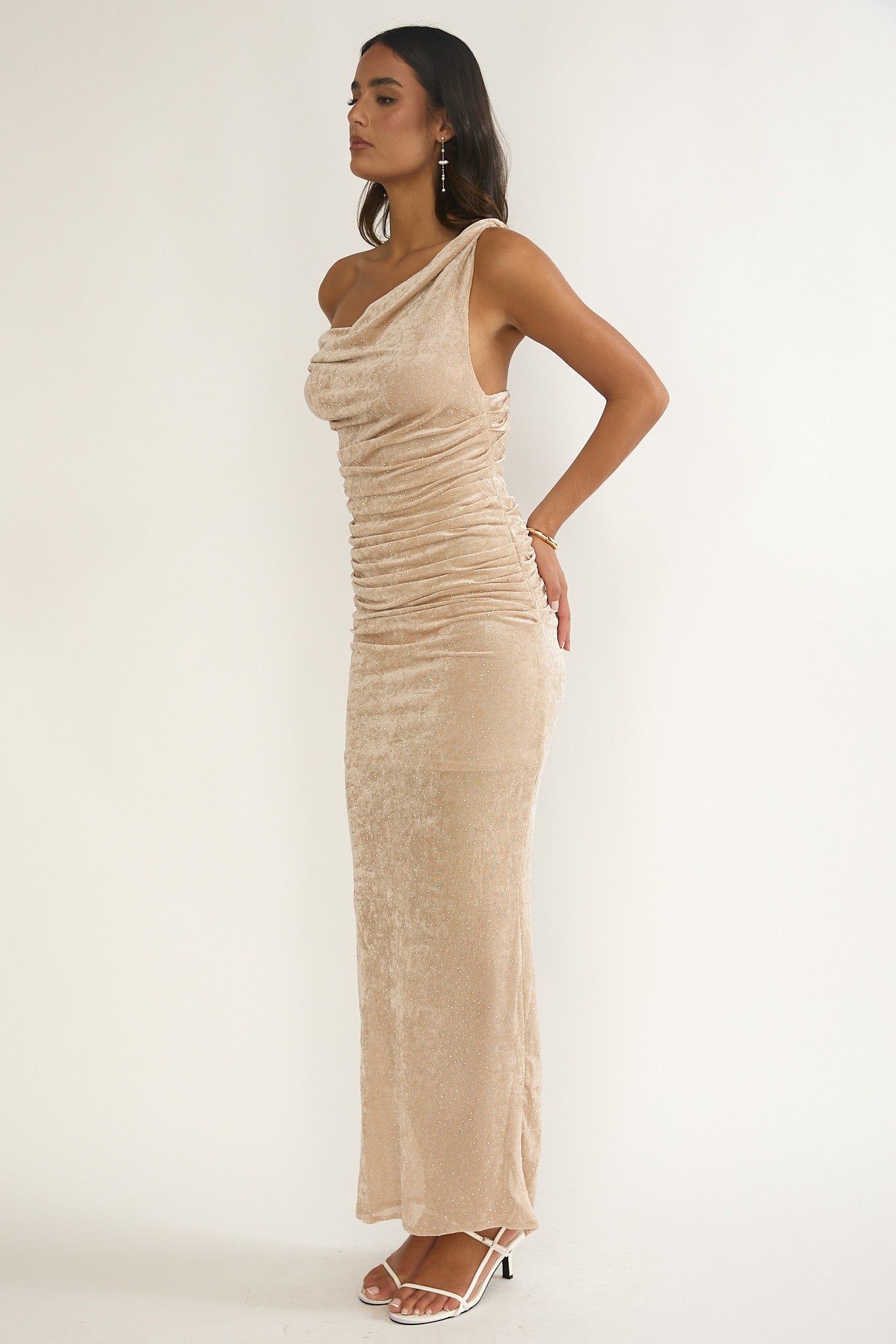 Callen Cowl Ruched Maxi Dress Champagne Silver-Maymioy