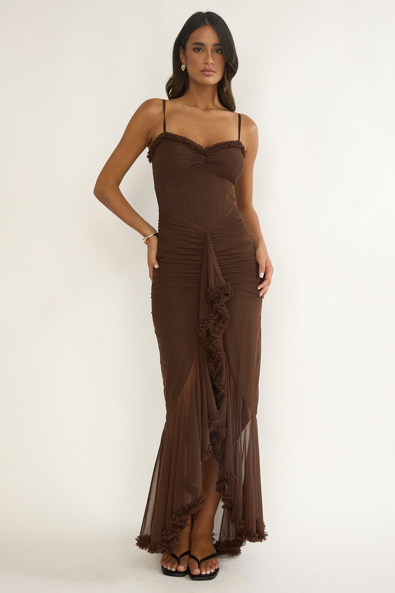Noelia Gathered Waist Frill Trim Maxi Dress Chocolate-Maymioy