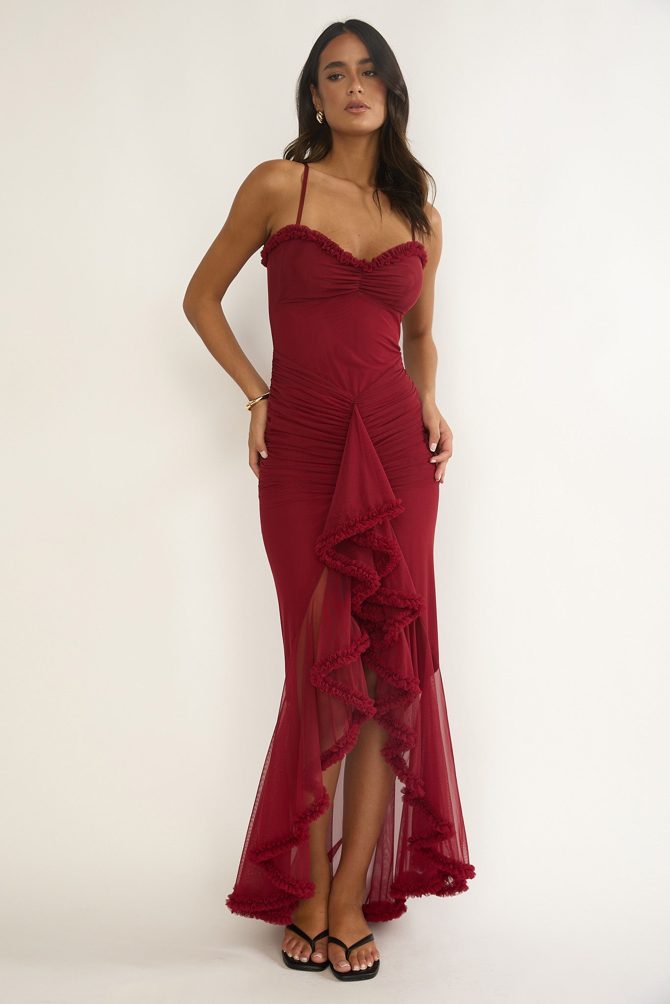 Noelia Gathered Waist Frill Trim Maxi Dress Wine-Maymioy