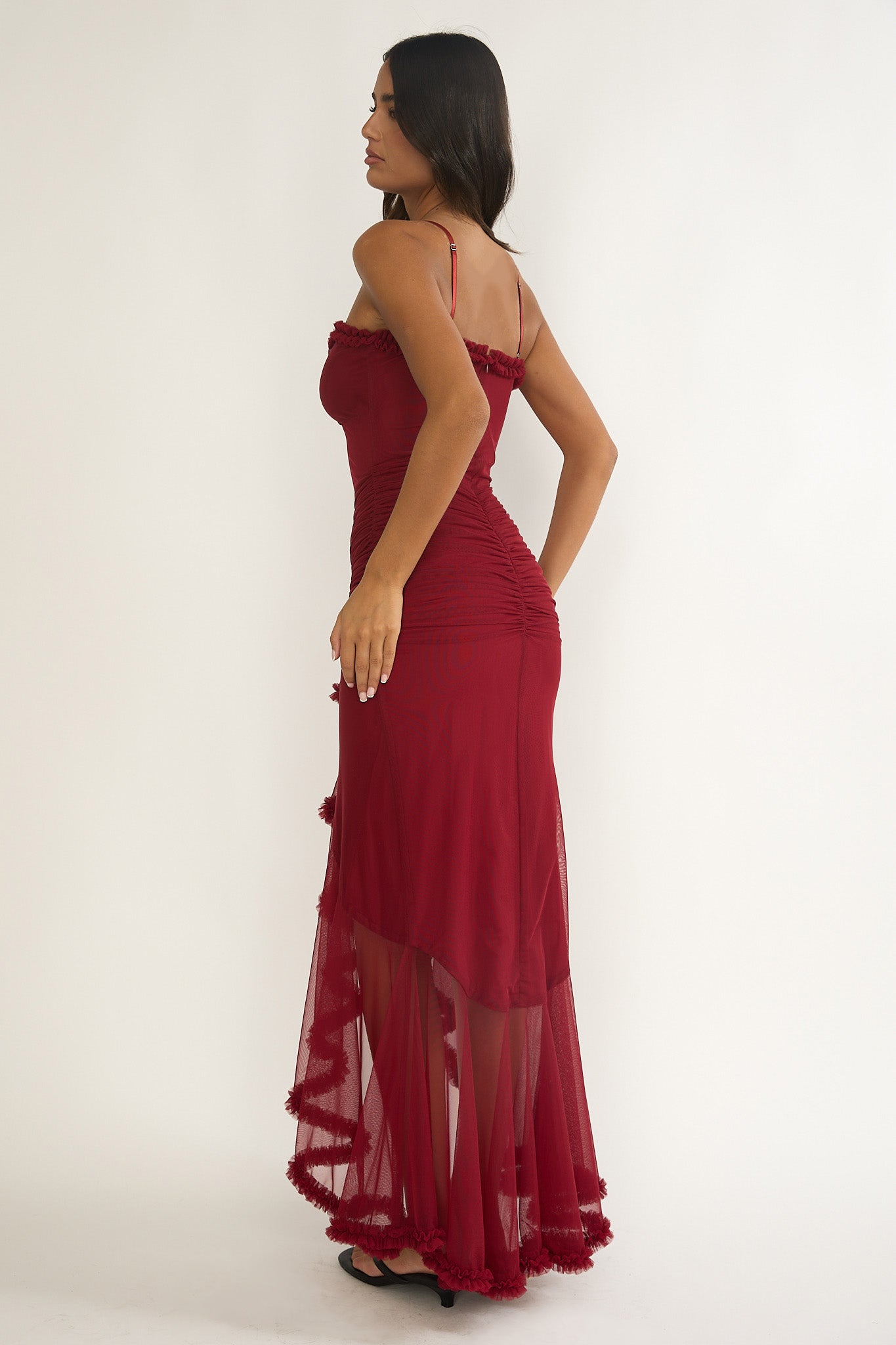 Noelia Gathered Waist Frill Trim Maxi Dress Wine-Maymioy