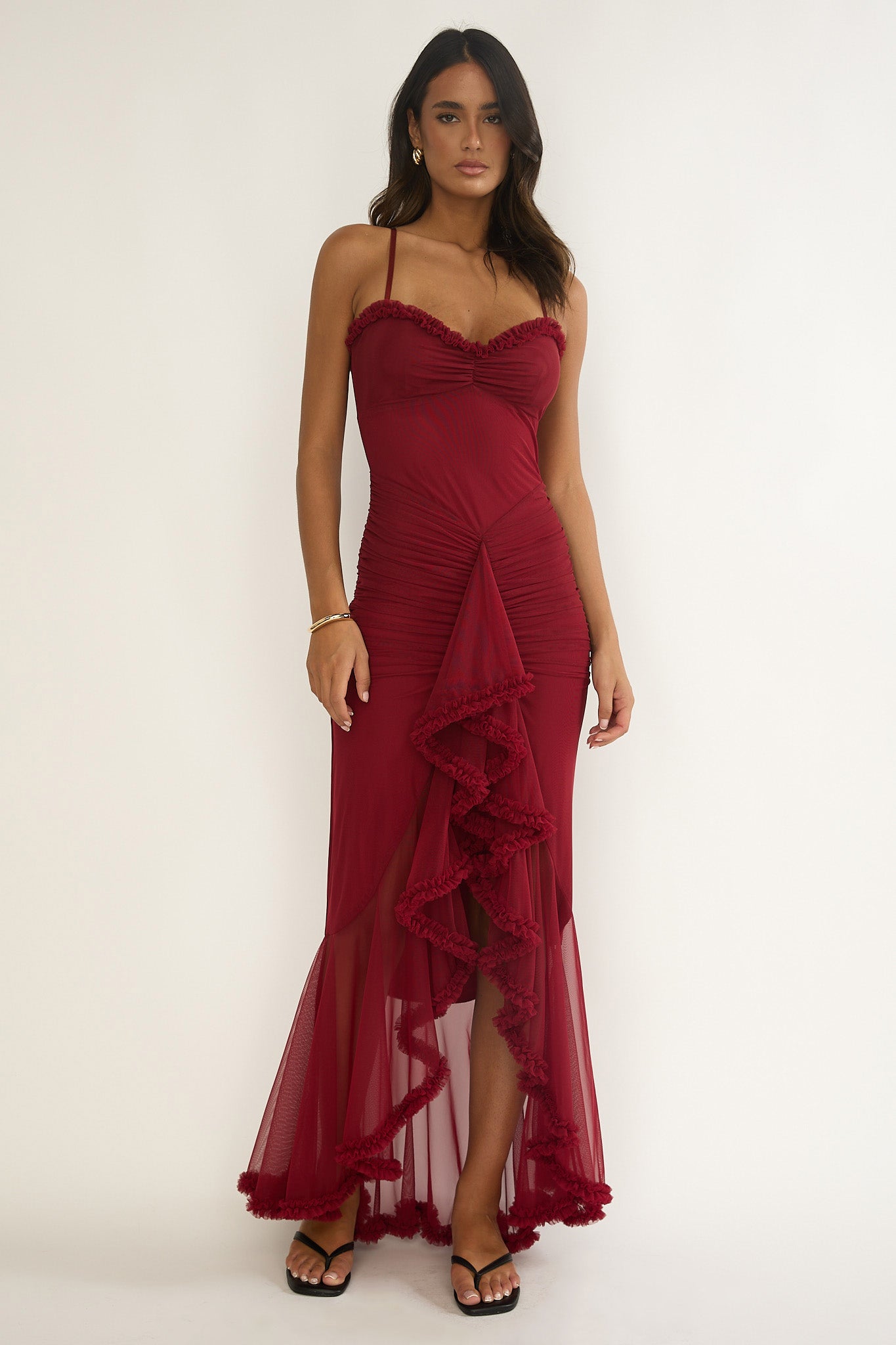 Noelia Gathered Waist Frill Trim Maxi Dress Wine-Maymioy