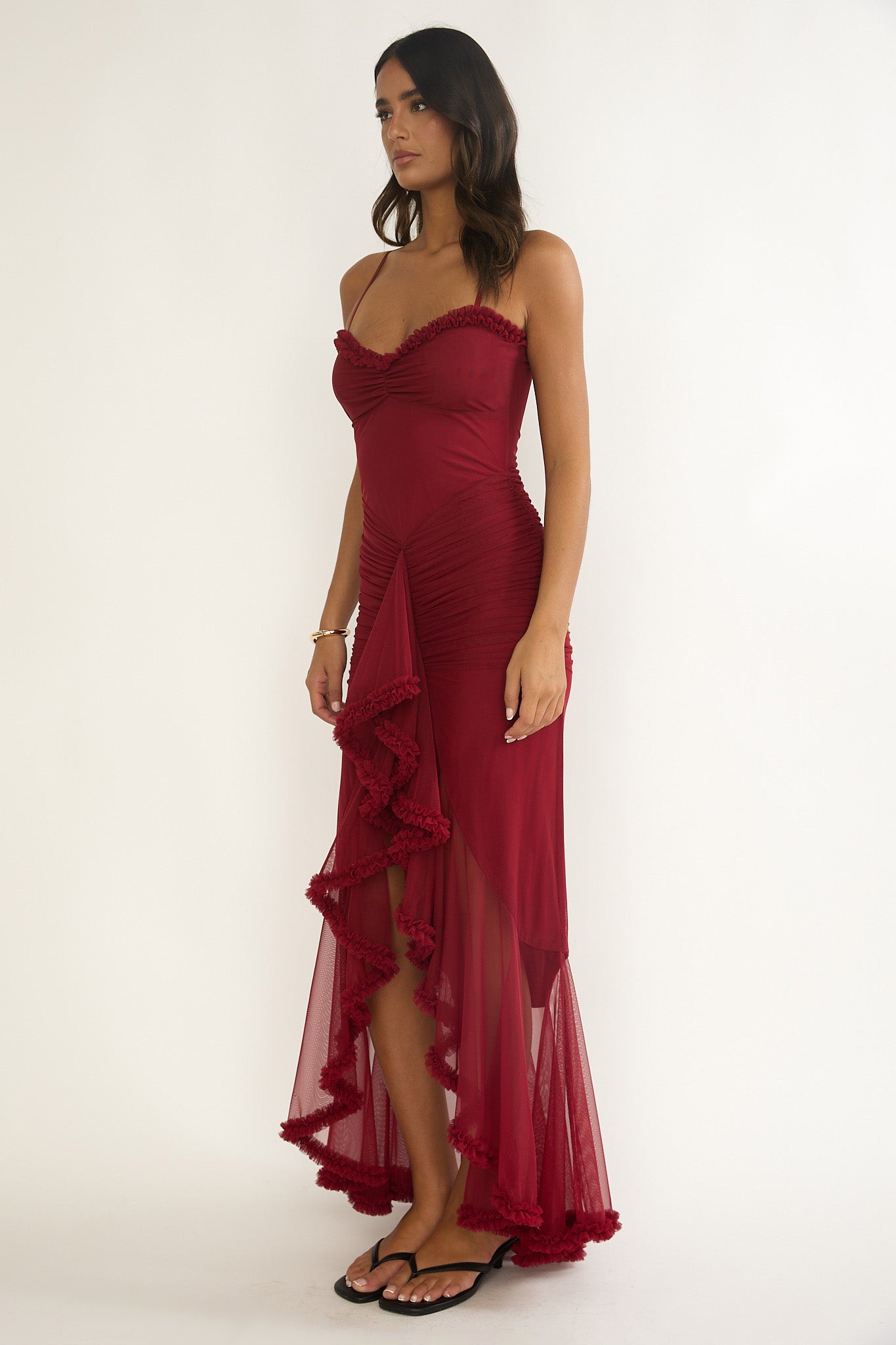 Noelia Gathered Waist Frill Trim Maxi Dress Wine-Maymioy