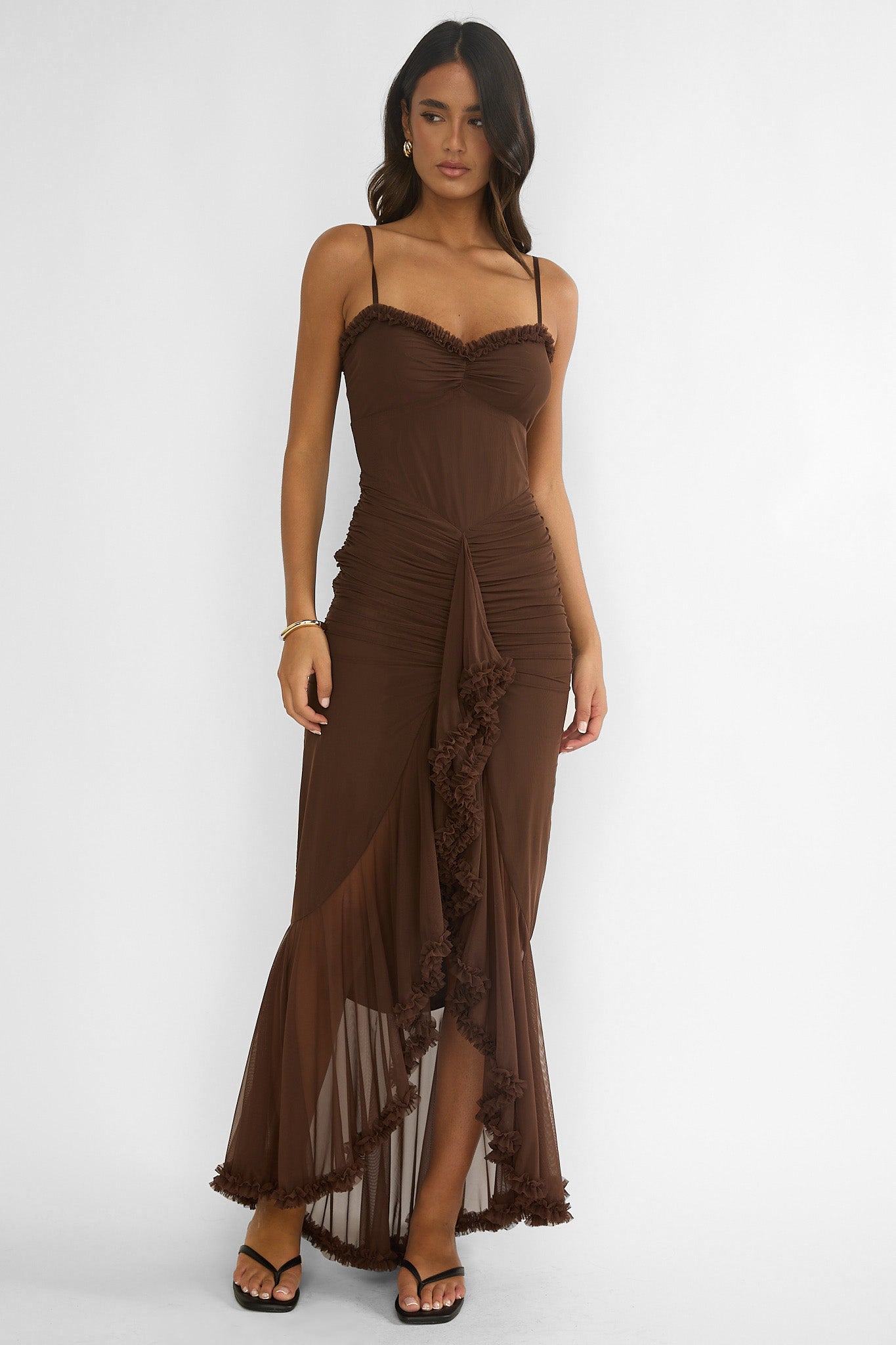 Noelia Gathered Waist Frill Trim Maxi Dress Chocolate-Maymioy