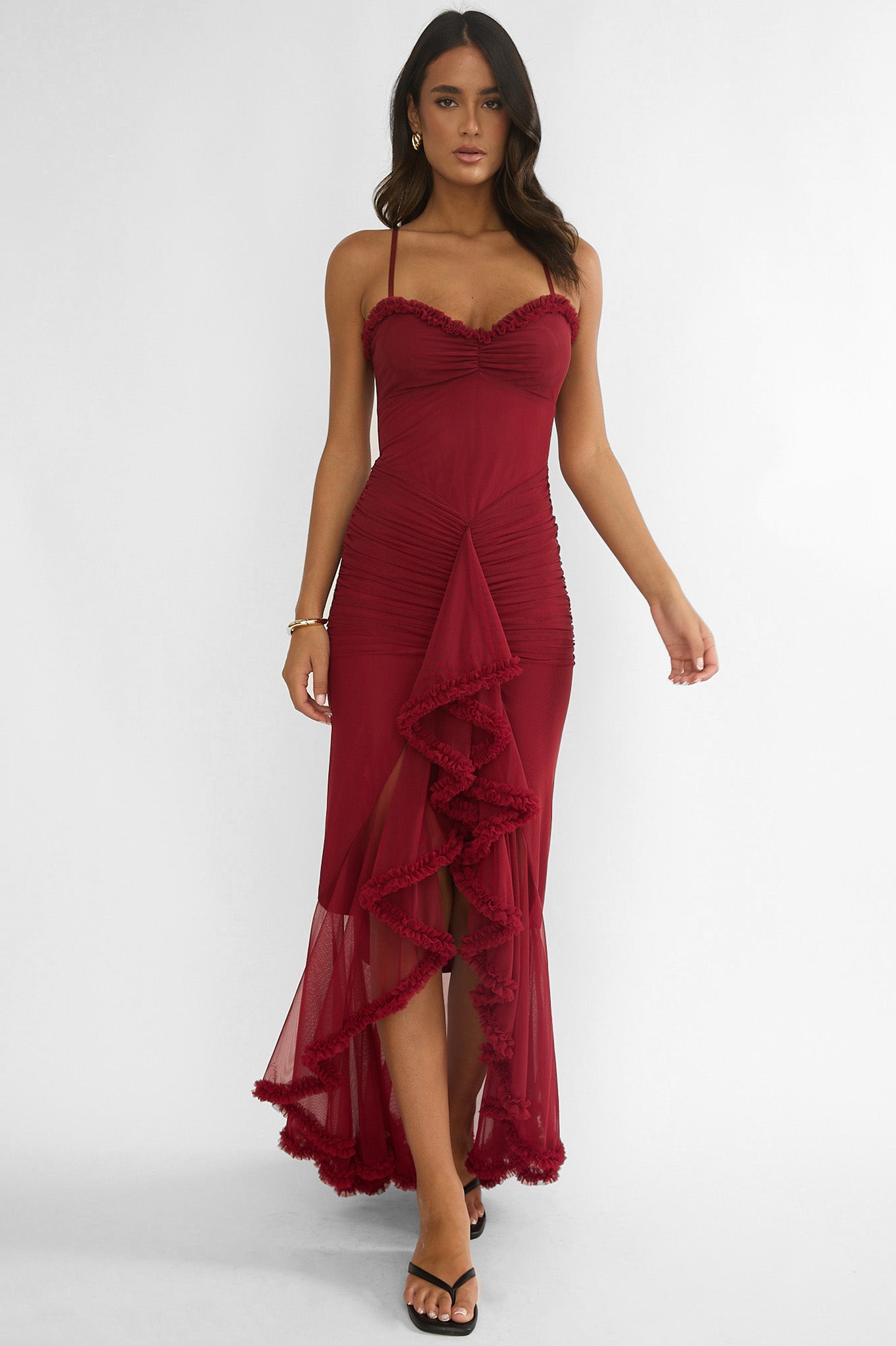 Noelia Gathered Waist Frill Trim Maxi Dress Wine-Maymioy