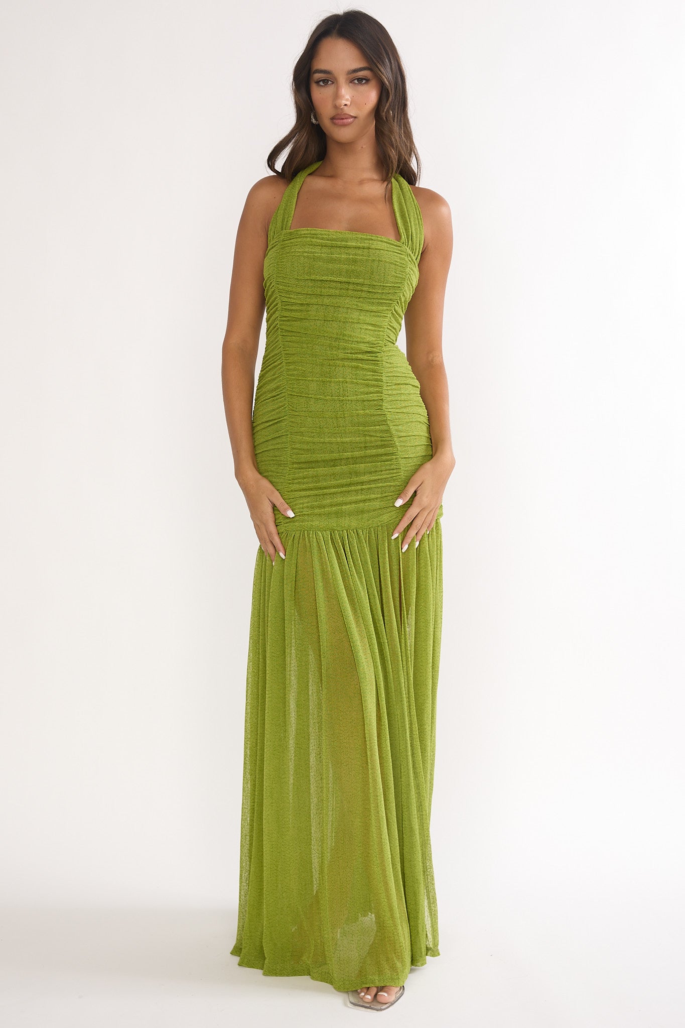 Galinda Ruched Bodice Halterneck Maxi Dress Olive-Maymioy