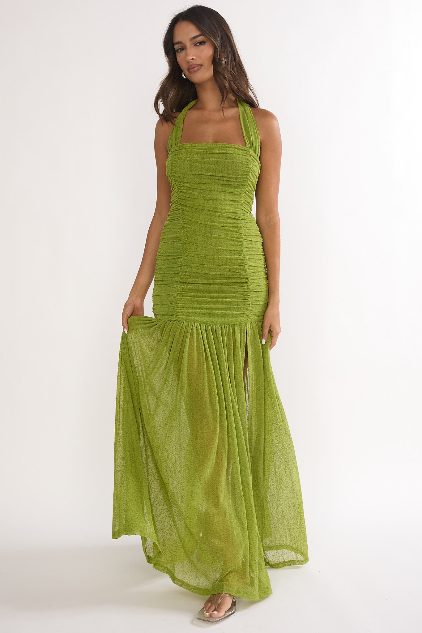 Galinda Ruched Bodice Halterneck Maxi Dress Olive-Maymioy