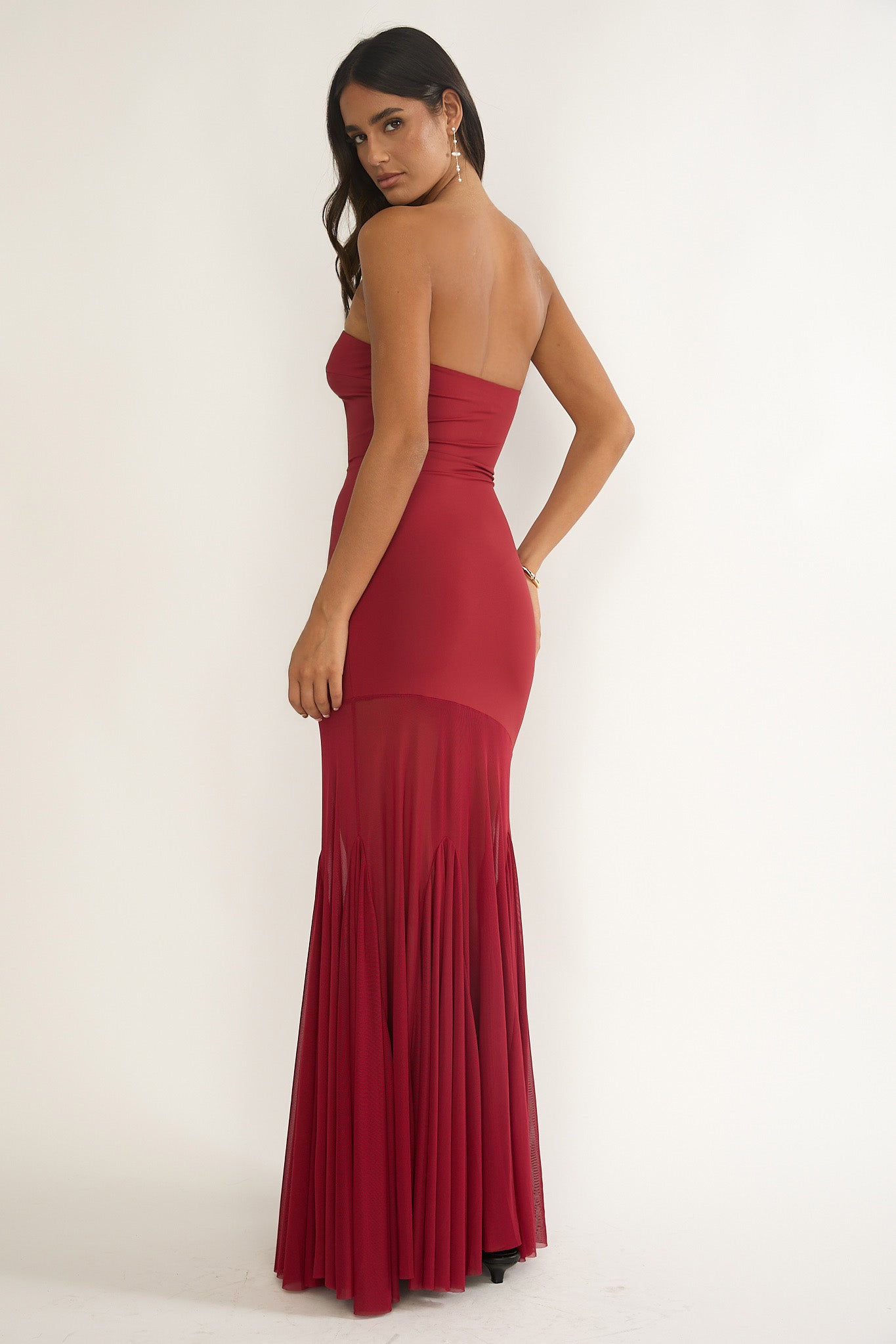 Velvet Rope Strapless Mesh Maxi Dress Wine-Maymioy